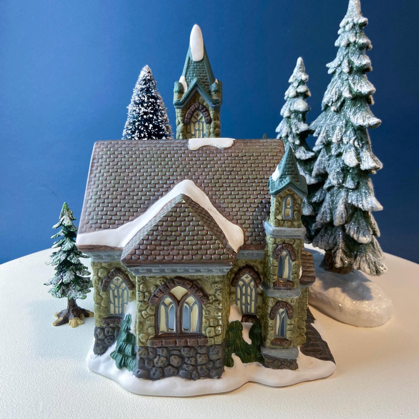Illuminated Stoney Bridge Church by Santa's Workbench Collection. Victorian Series. Christmas Village Building. Porcelain Lighted House.