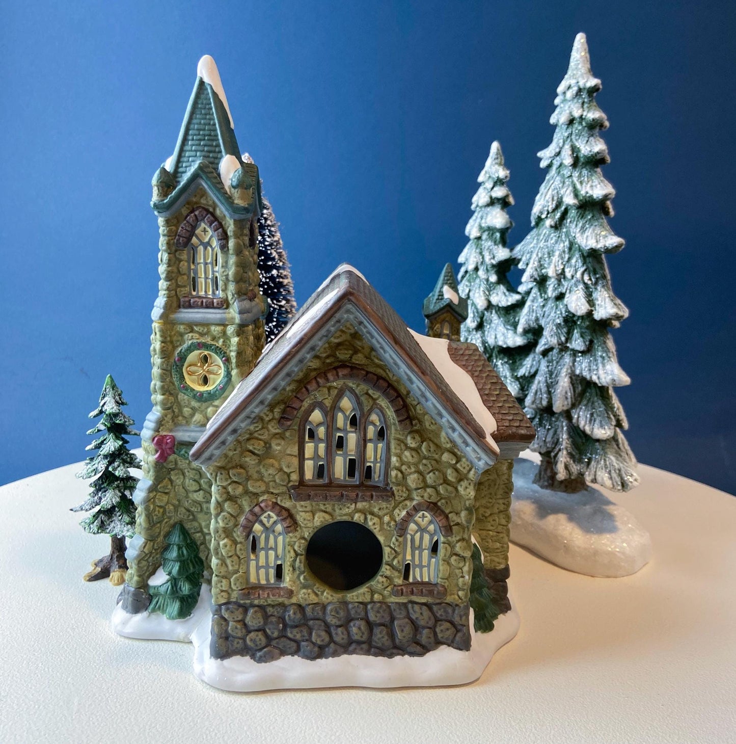 Illuminated Stoney Bridge Church by Santa's Workbench Collection. Victorian Series. Christmas Village Building. Porcelain Lighted House.