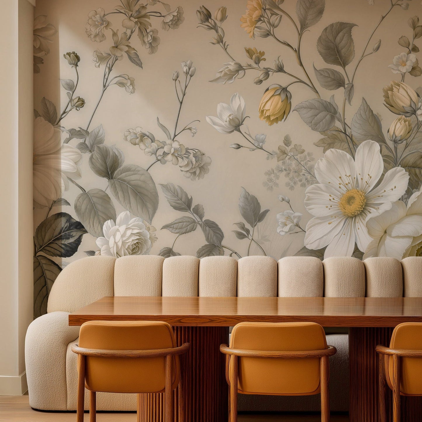 Cream & White Botanical Floral Wall Mural