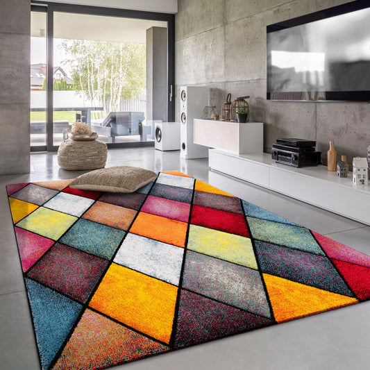 Colorful Area Rug Smaragd Checkered With Multicolor Diamonds