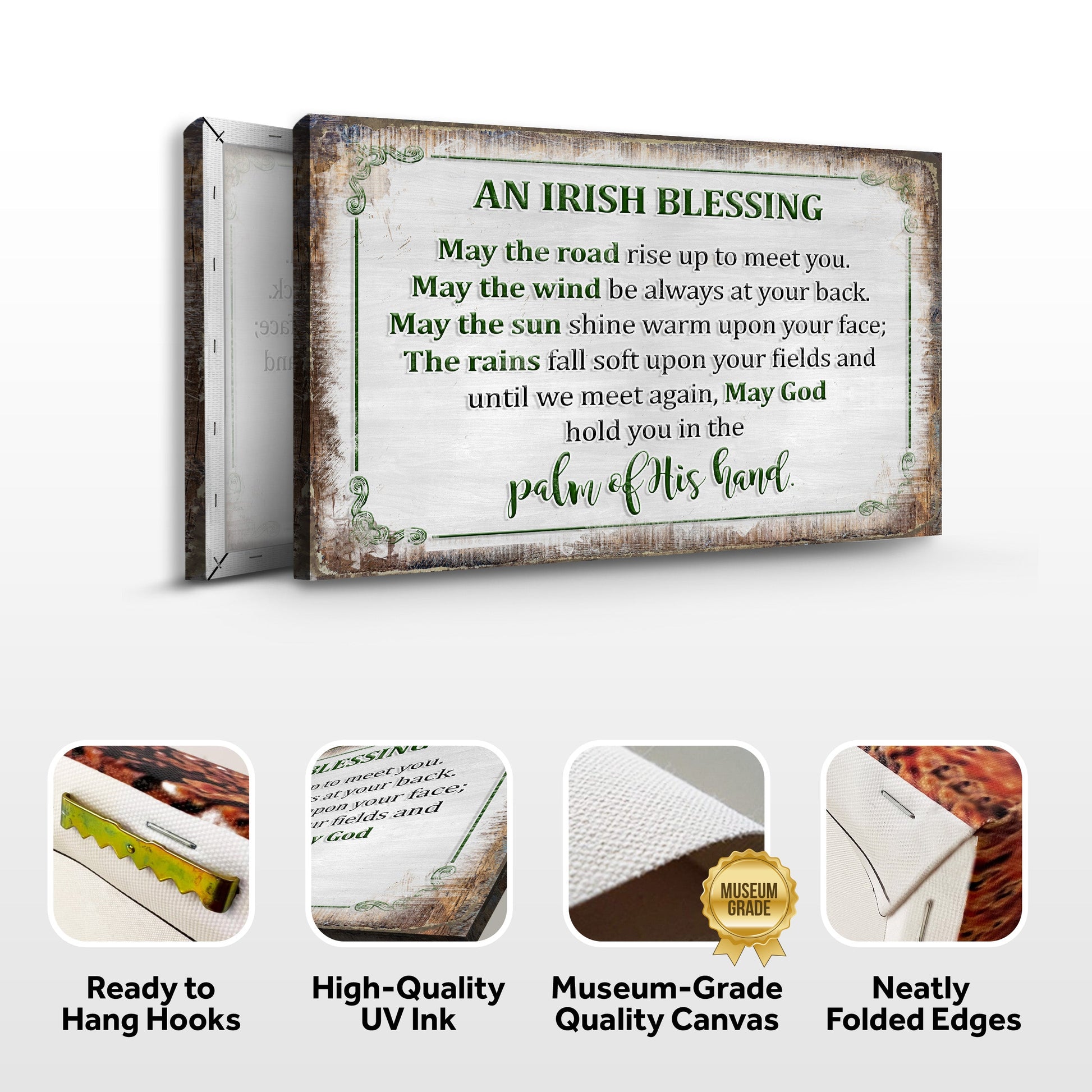 Canvas print with an Irish blessing on a white background, featuring ready-to-hang hooks and quality assurances.