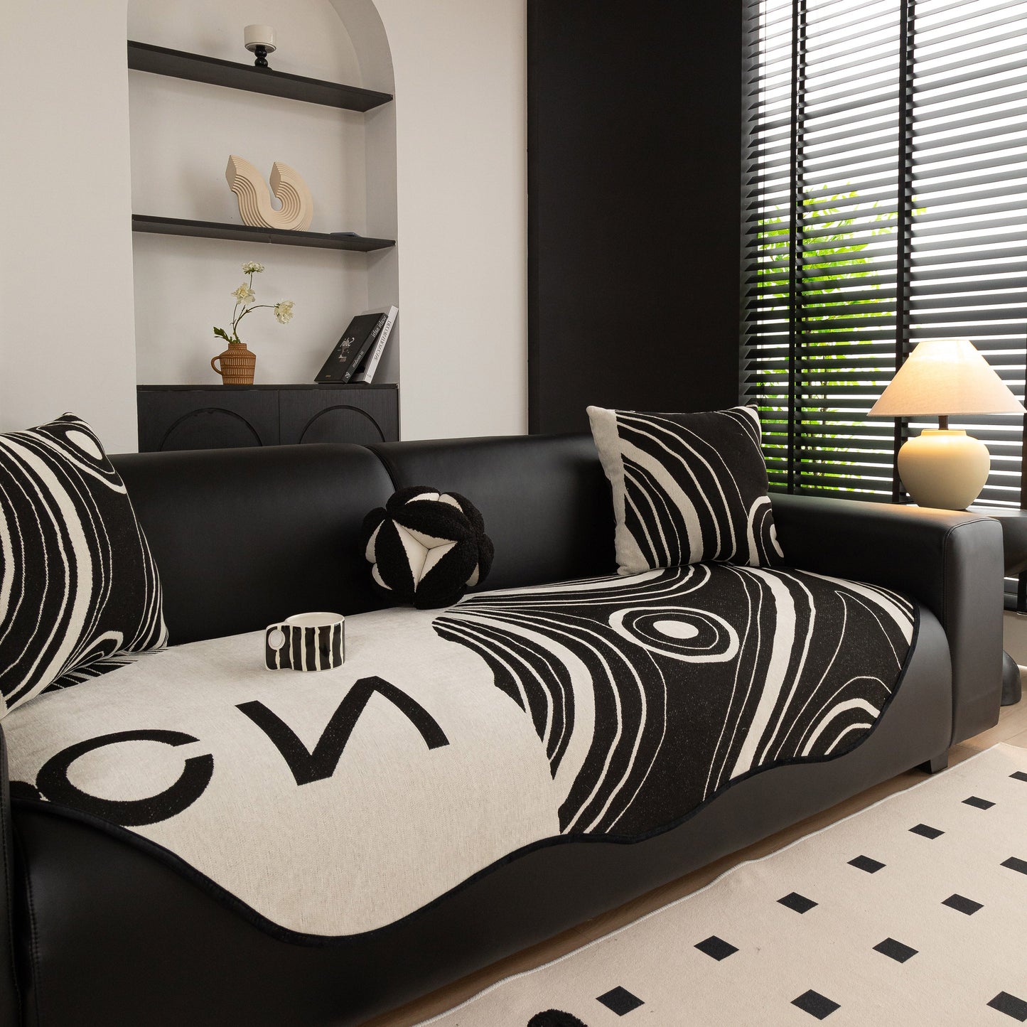 Abstract Art Sofa Cover with Wave Edge, Non Slip Couch Cover for Stylish Homes