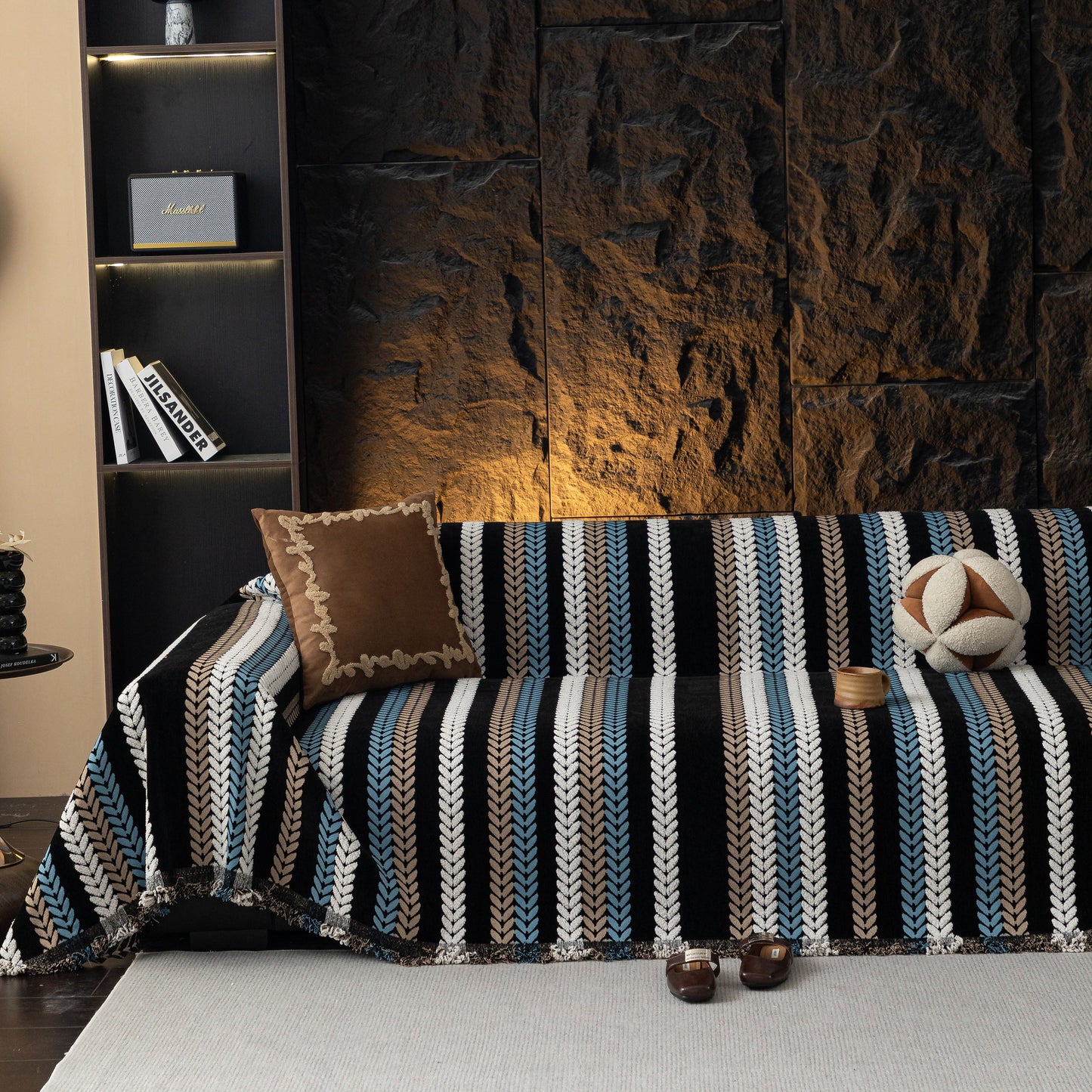 Cozy Decorative Throw Blanket for Couches, Boho Plush Woven Sofa Cover with Stripes
