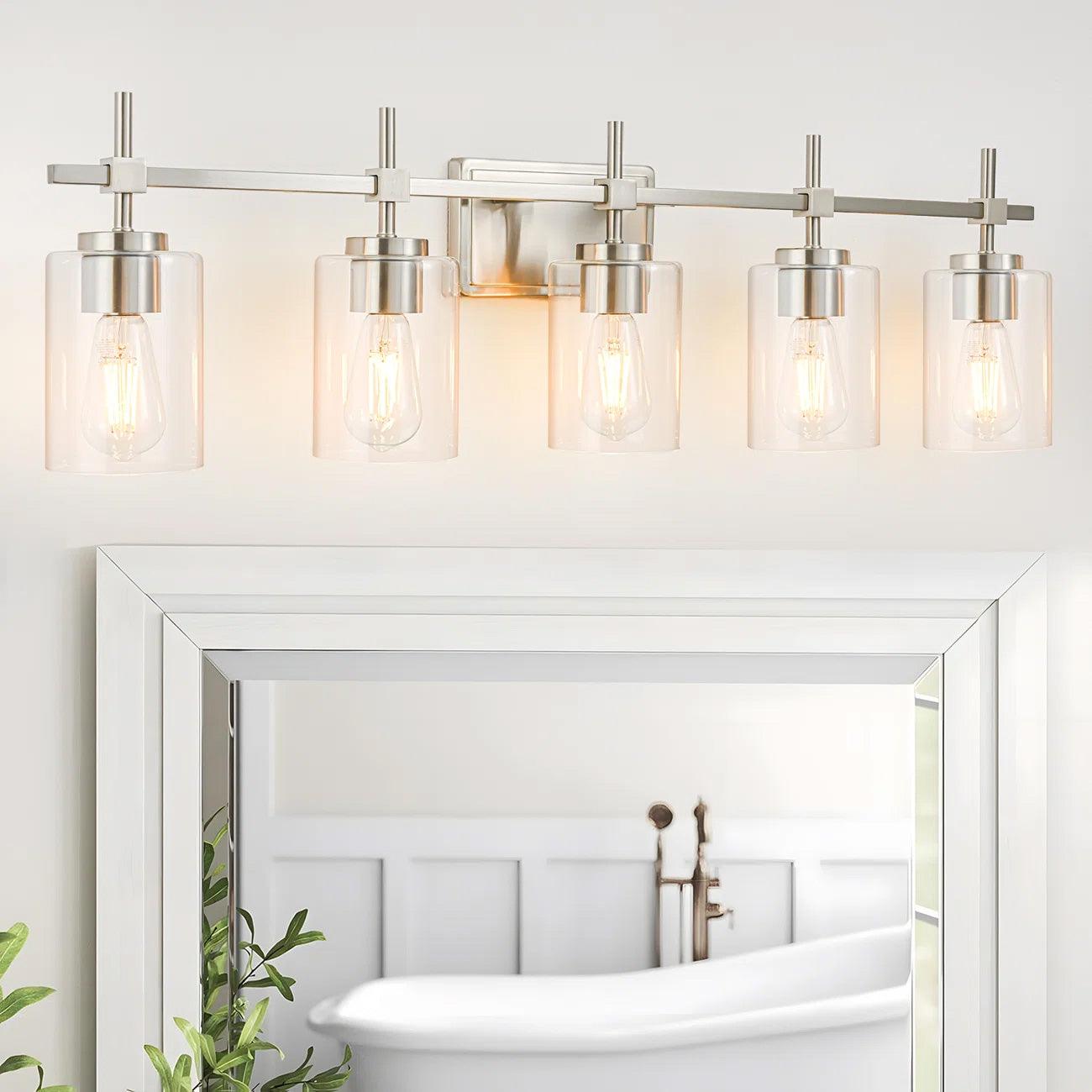 Jasper Modern Brushed Nickel & Black Clear Glass 5-Light Bathroom Linear Vanity Light