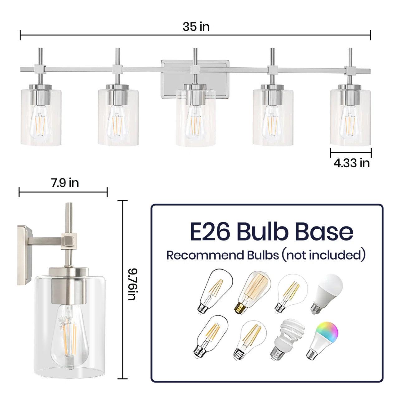 Jasper Modern Brushed Nickel & Black Clear Glass 5-Light Bathroom Linear Vanity Light