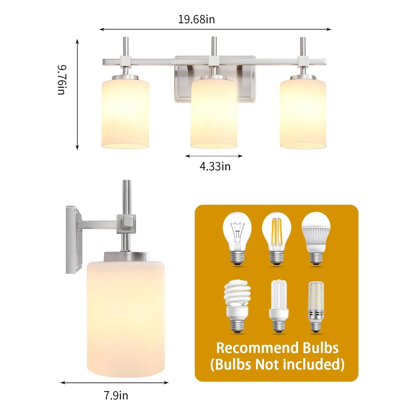 Jasper Gold Modern Frosted Glass 3-Light Bathroom Vanity Light