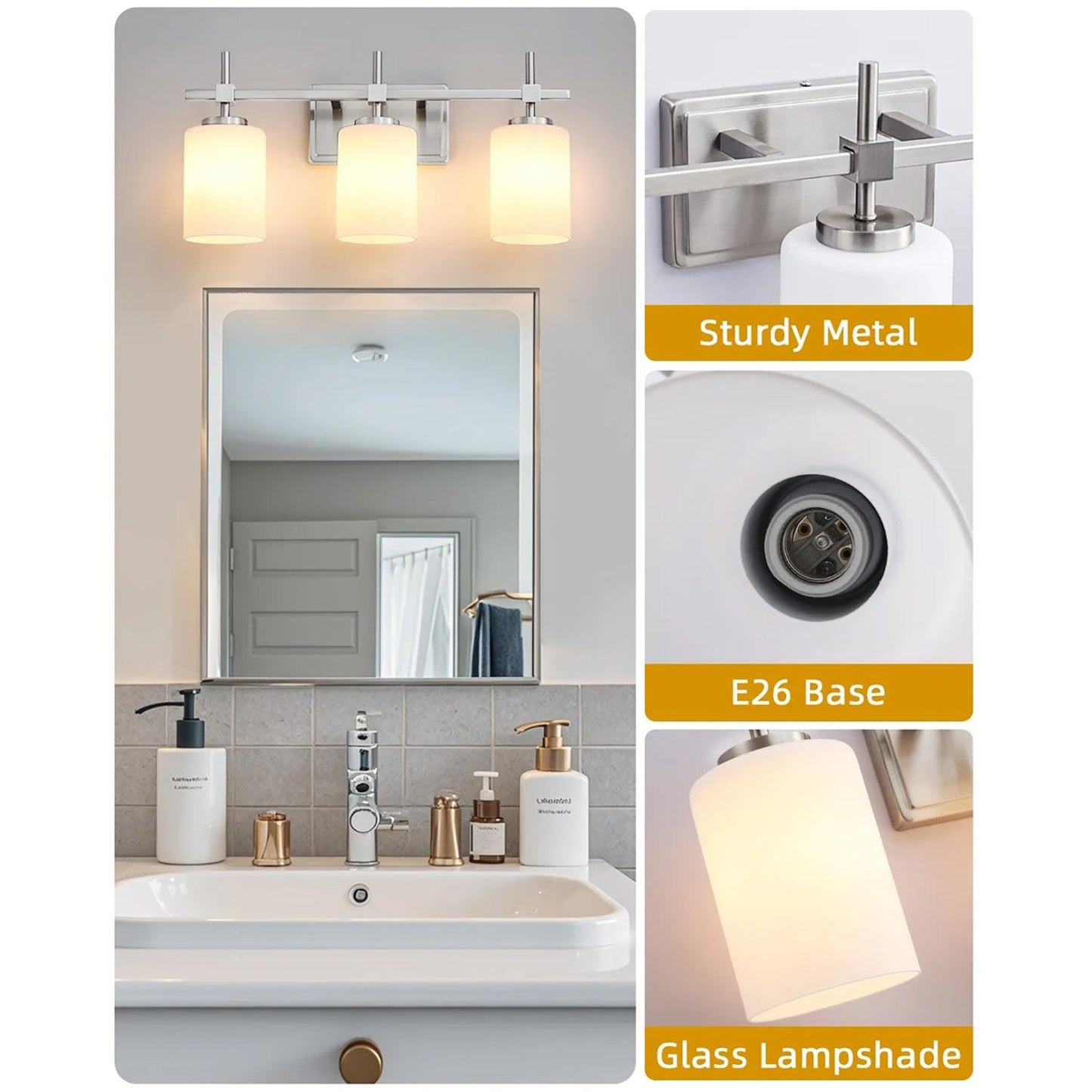 Jasper Gold Modern Frosted Glass 3-Light Bathroom Vanity Light