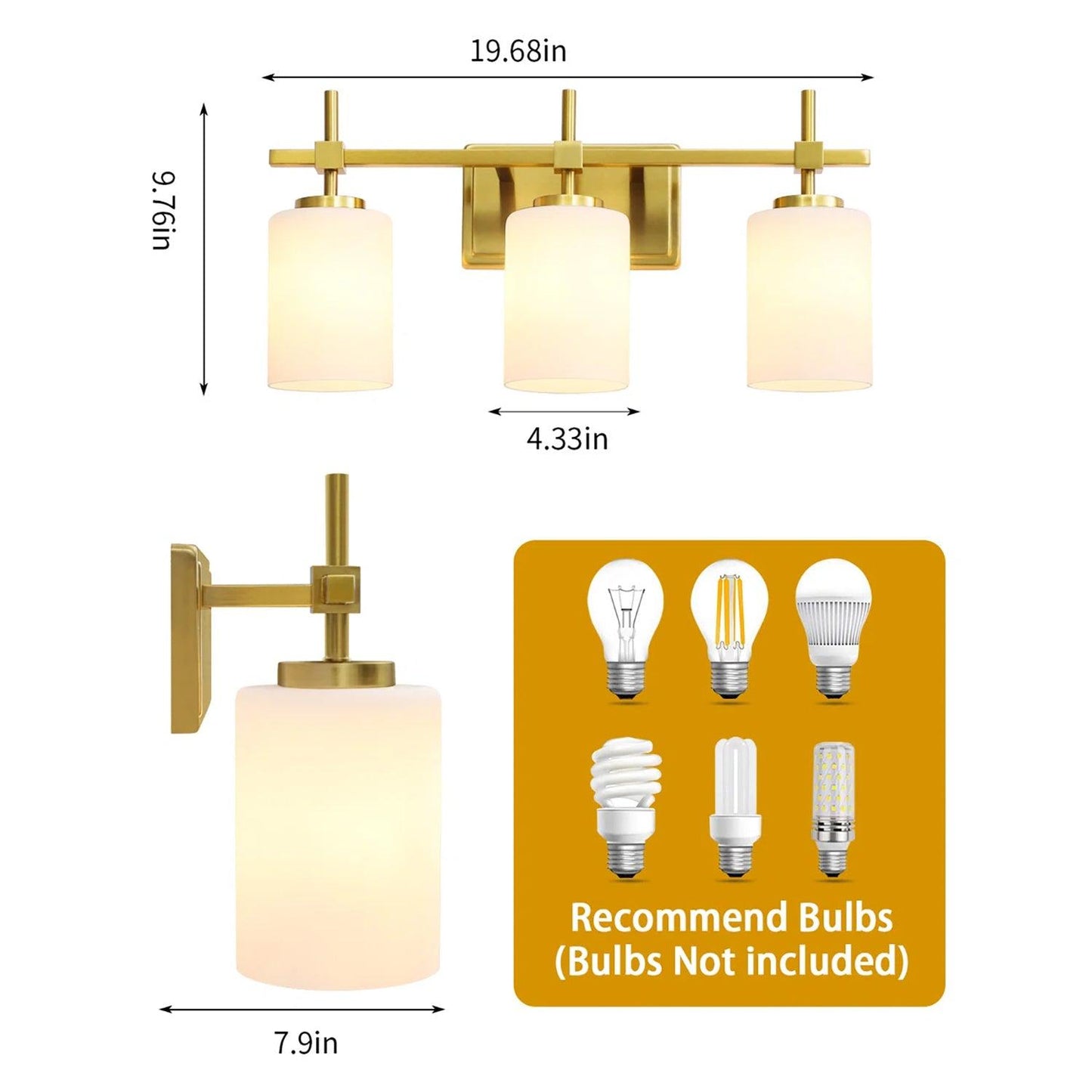 Jasper Gold Modern Frosted Glass 3-Light Bathroom Vanity Light