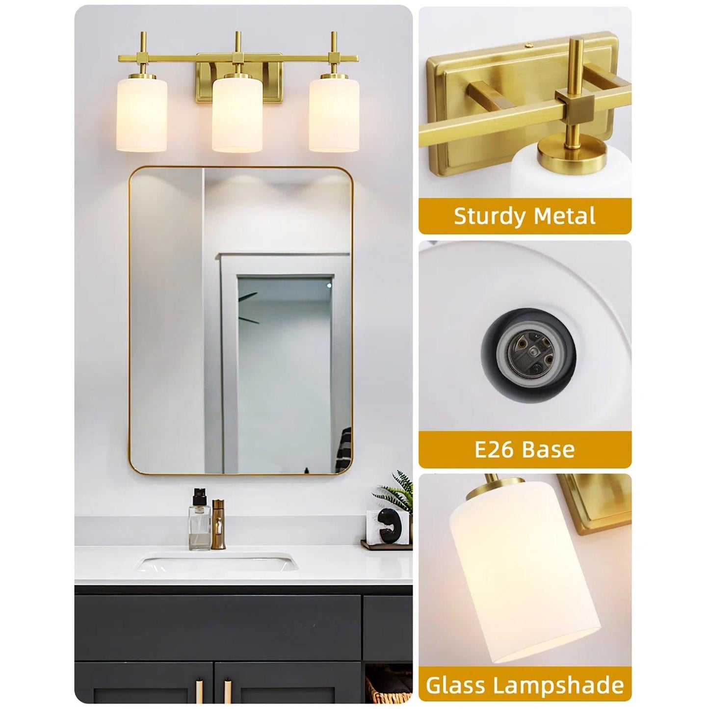 Jasper Gold Modern Frosted Glass 3-Light Bathroom Vanity Light