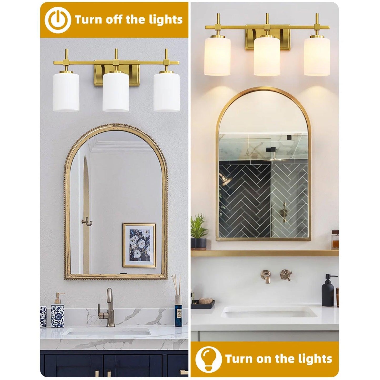 Jasper Gold Modern Frosted Glass 3-Light Bathroom Vanity Light