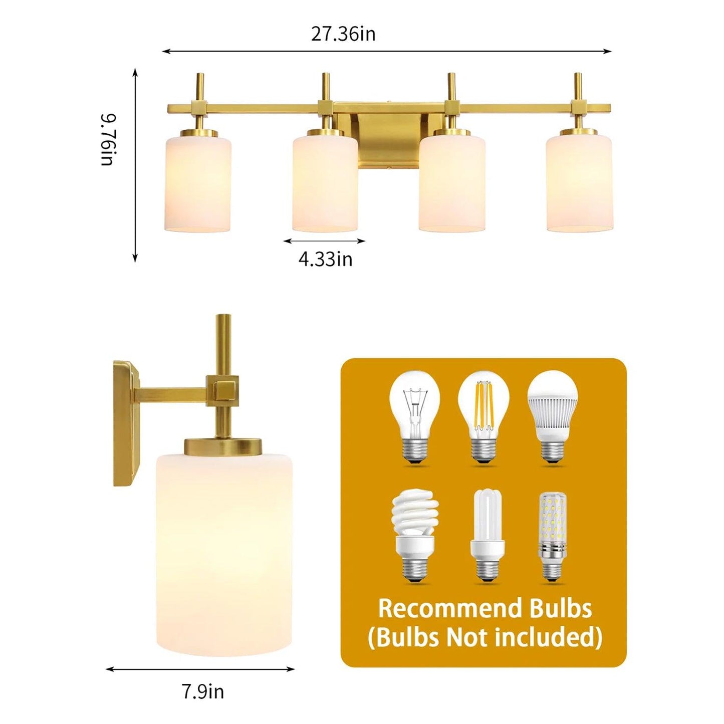 Jasper Gold Modern Frosted Glass 4-Light Bathroom Vanity Light