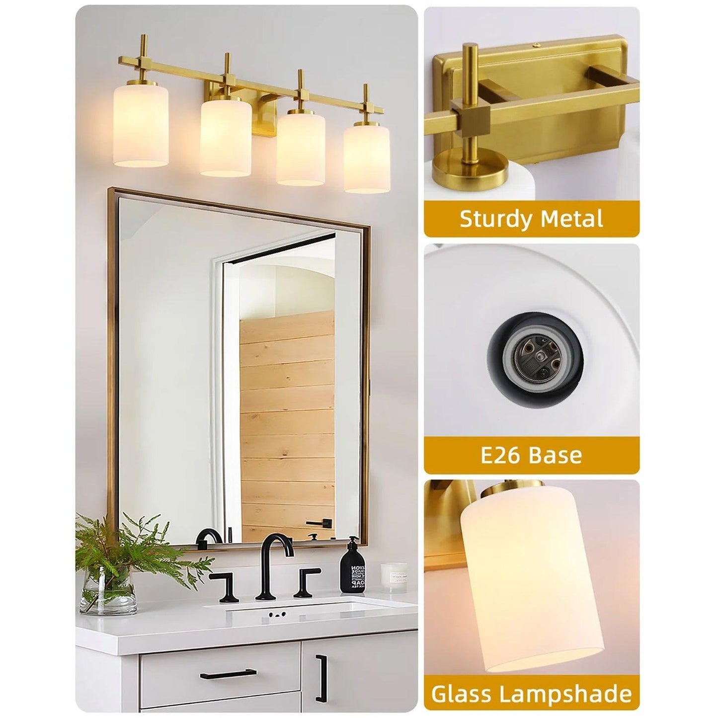 Jasper Gold Modern Frosted Glass 4-Light Bathroom Vanity Light