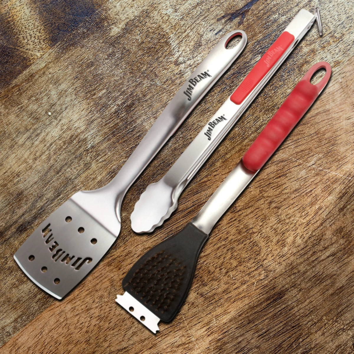 Jim Beam 3 Piece Extra-Long Grill Tool Set with Rubber Grip Handles