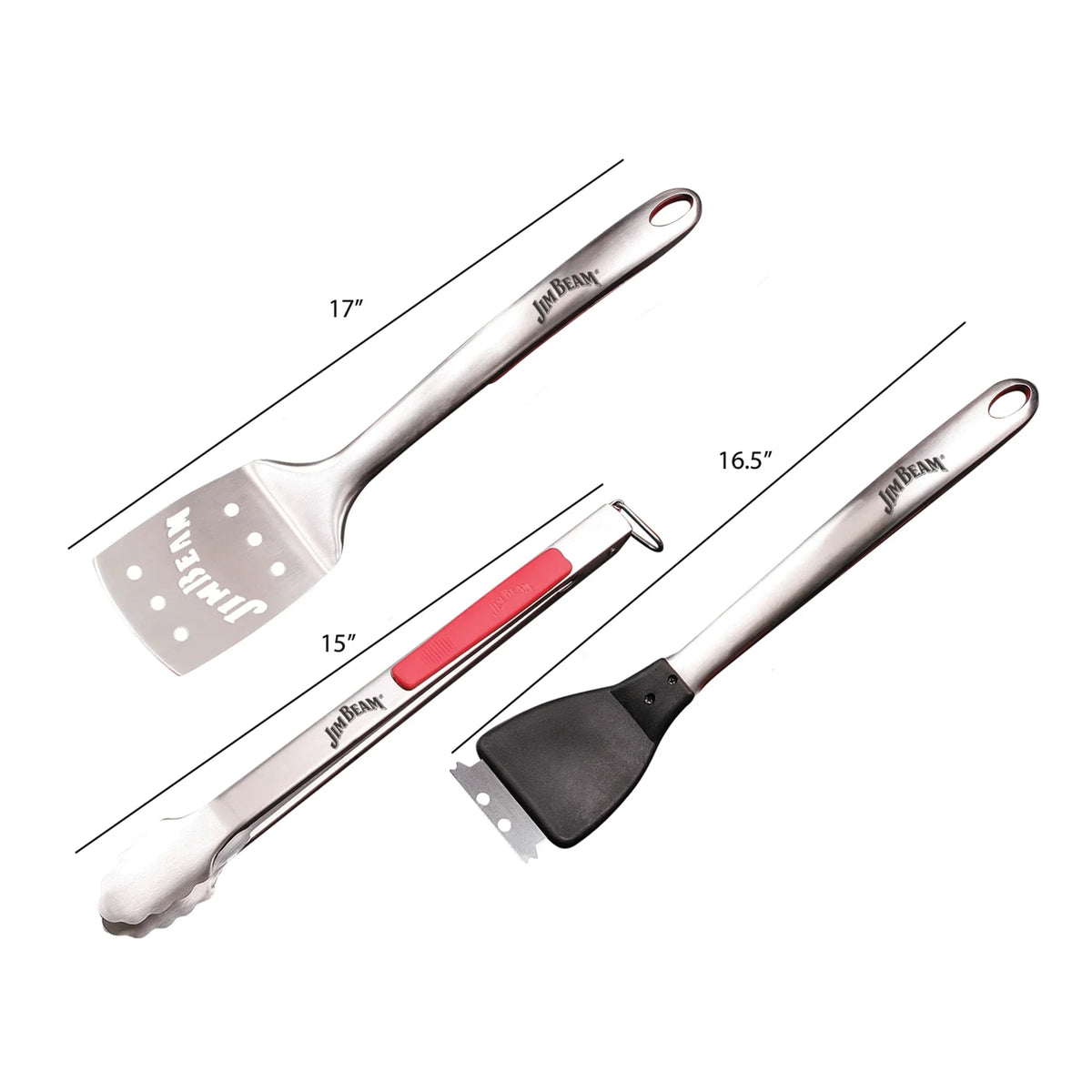 Jim Beam 3 Piece Extra-Long Grill Tool Set with Rubber Grip Handles