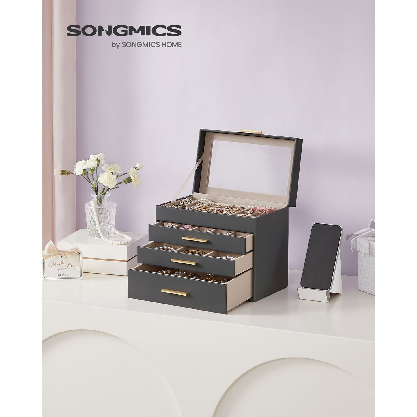 4-Layer Jewelry Box with Glass Lid for Big Jewelry