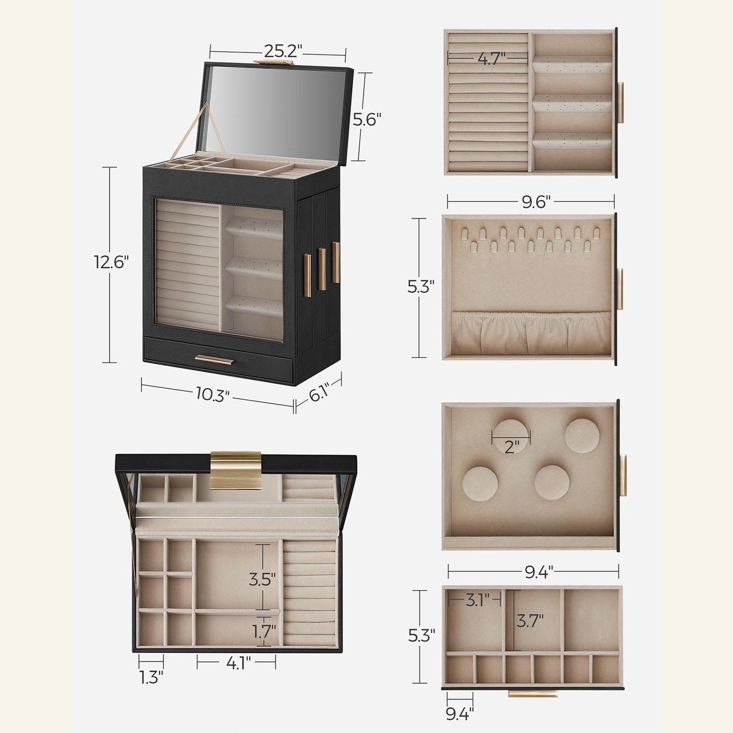 5-Layer Jewelry Organizer with 3 Side Drawers