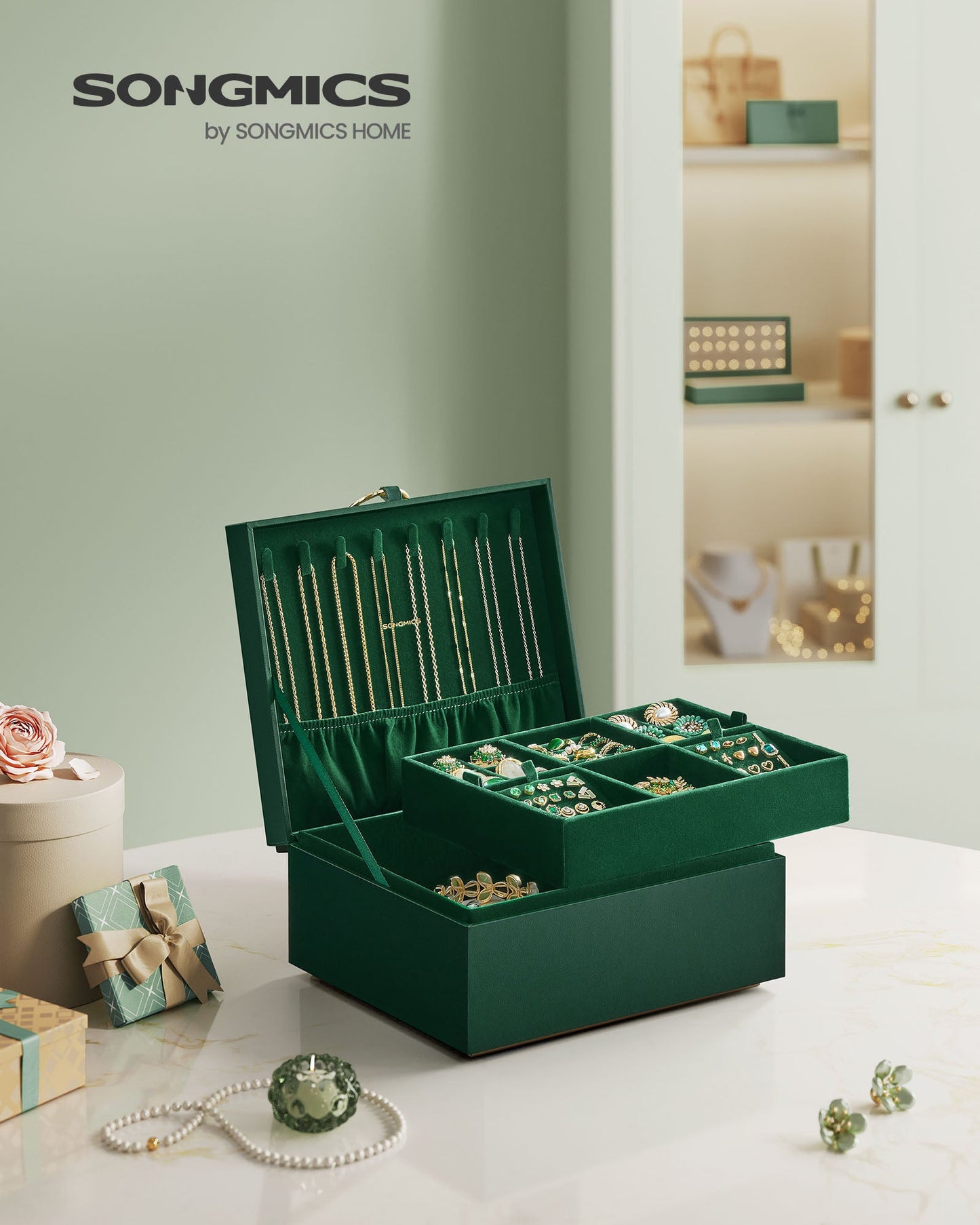 2-Layer Jewelry Box with Handle and Removable Jewelry Tray