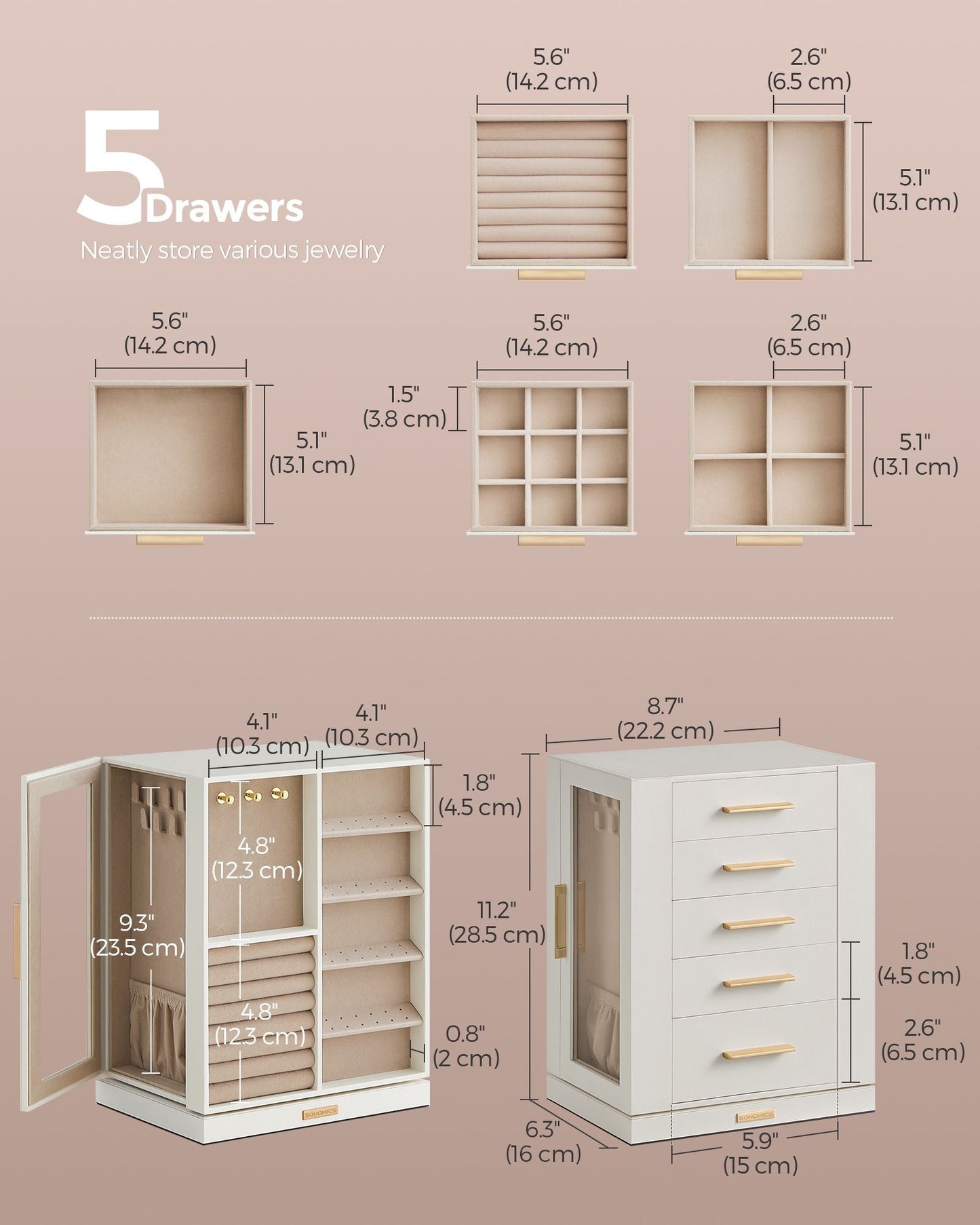 Jewelry Box 360 Rotating with 5 Drawers