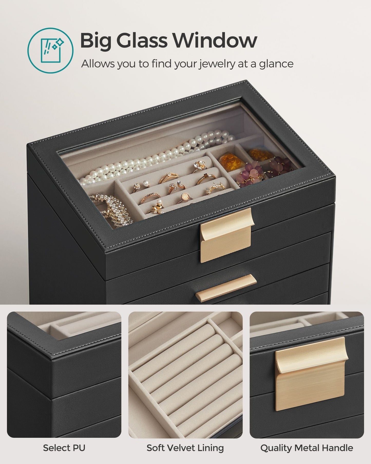 6-Layer Jewelry Box with Glass Lid for Big Jewelry
