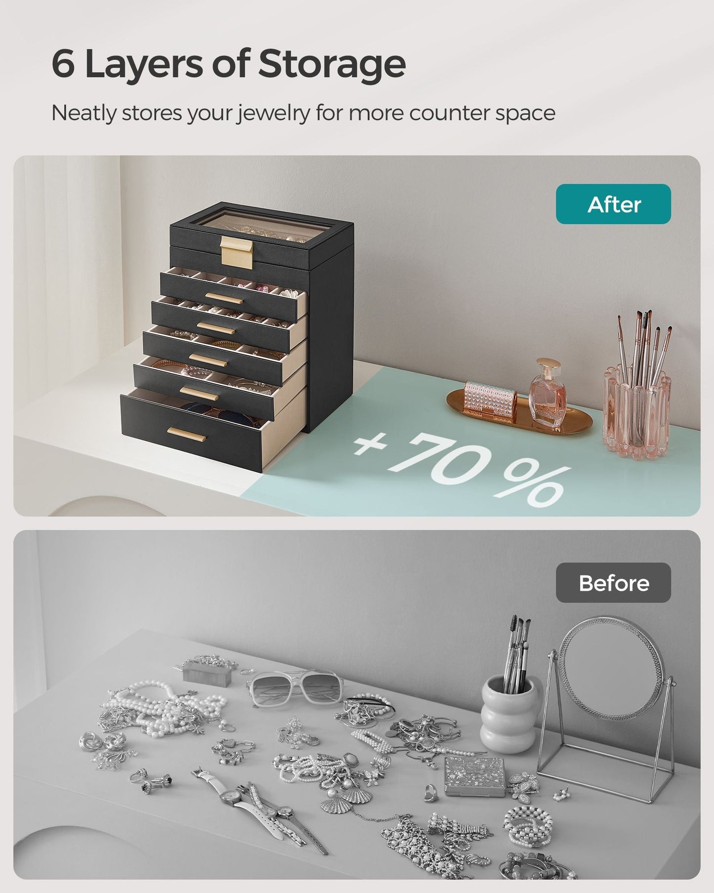 6-Layer Jewelry Box with Glass Lid for Big Jewelry