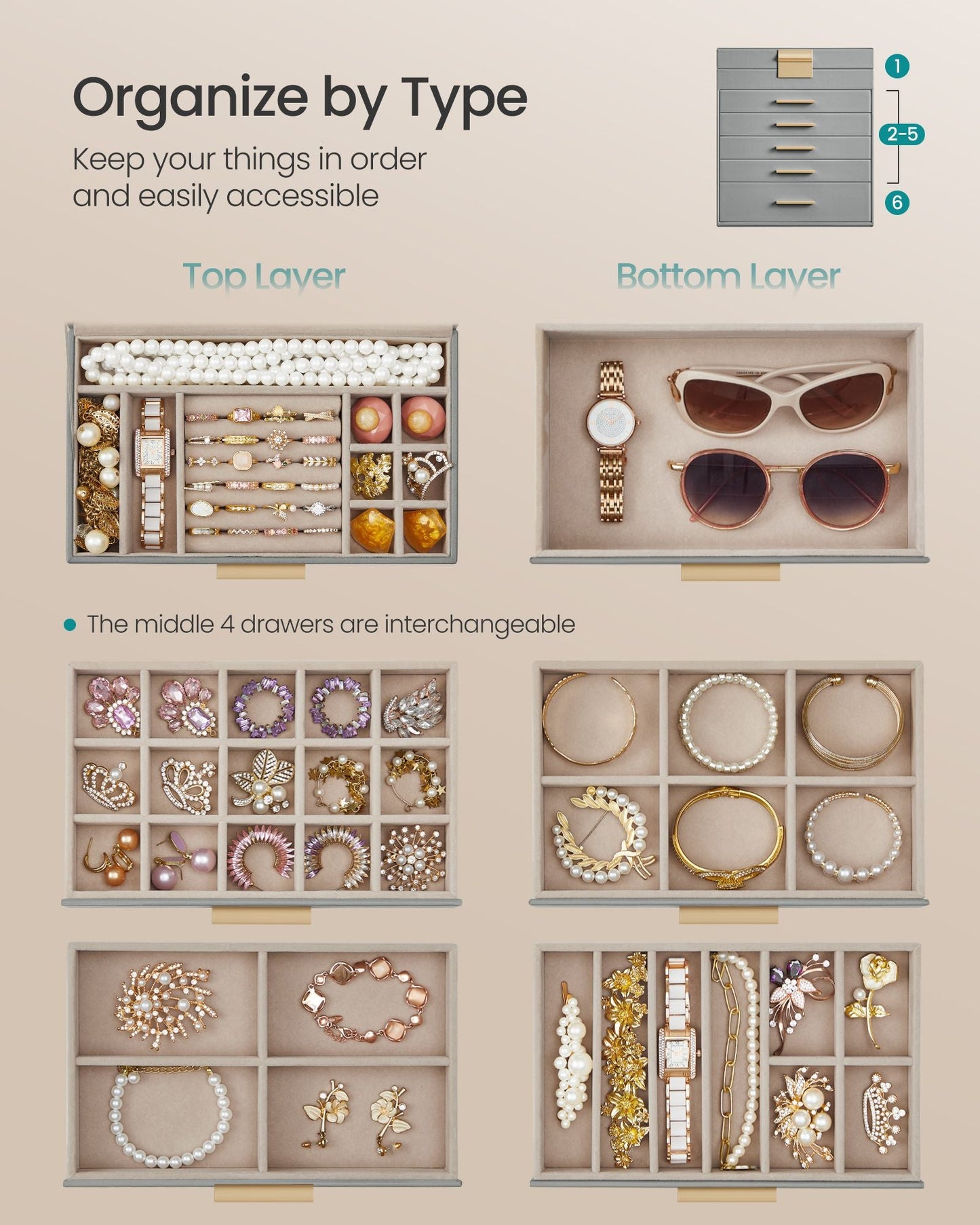 6-Layer Jewelry Box with Glass Lid for Big Jewelry
