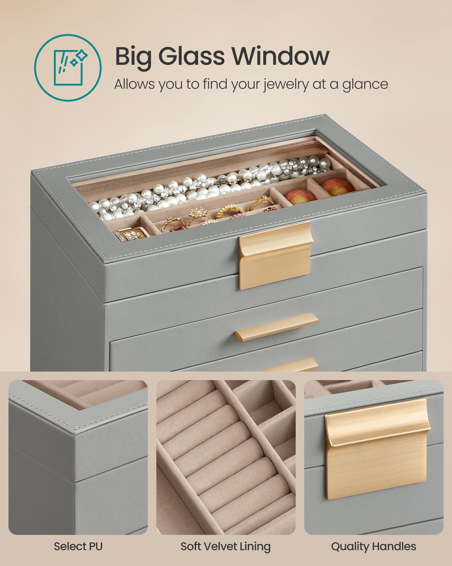 6-Layer Jewelry Box with Glass Lid for Big Jewelry