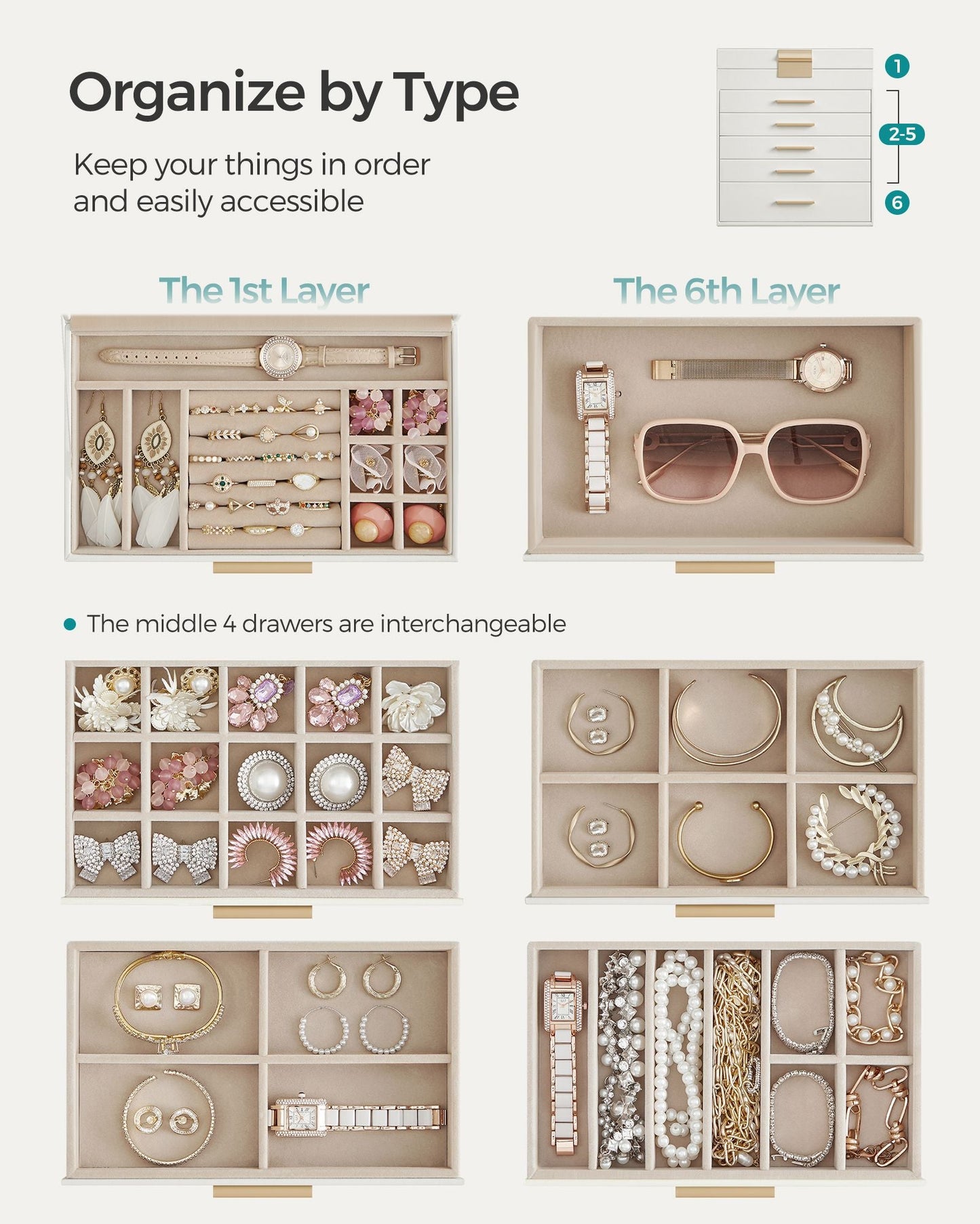 6-Layer Jewelry Box with Glass Lid for Big Jewelry