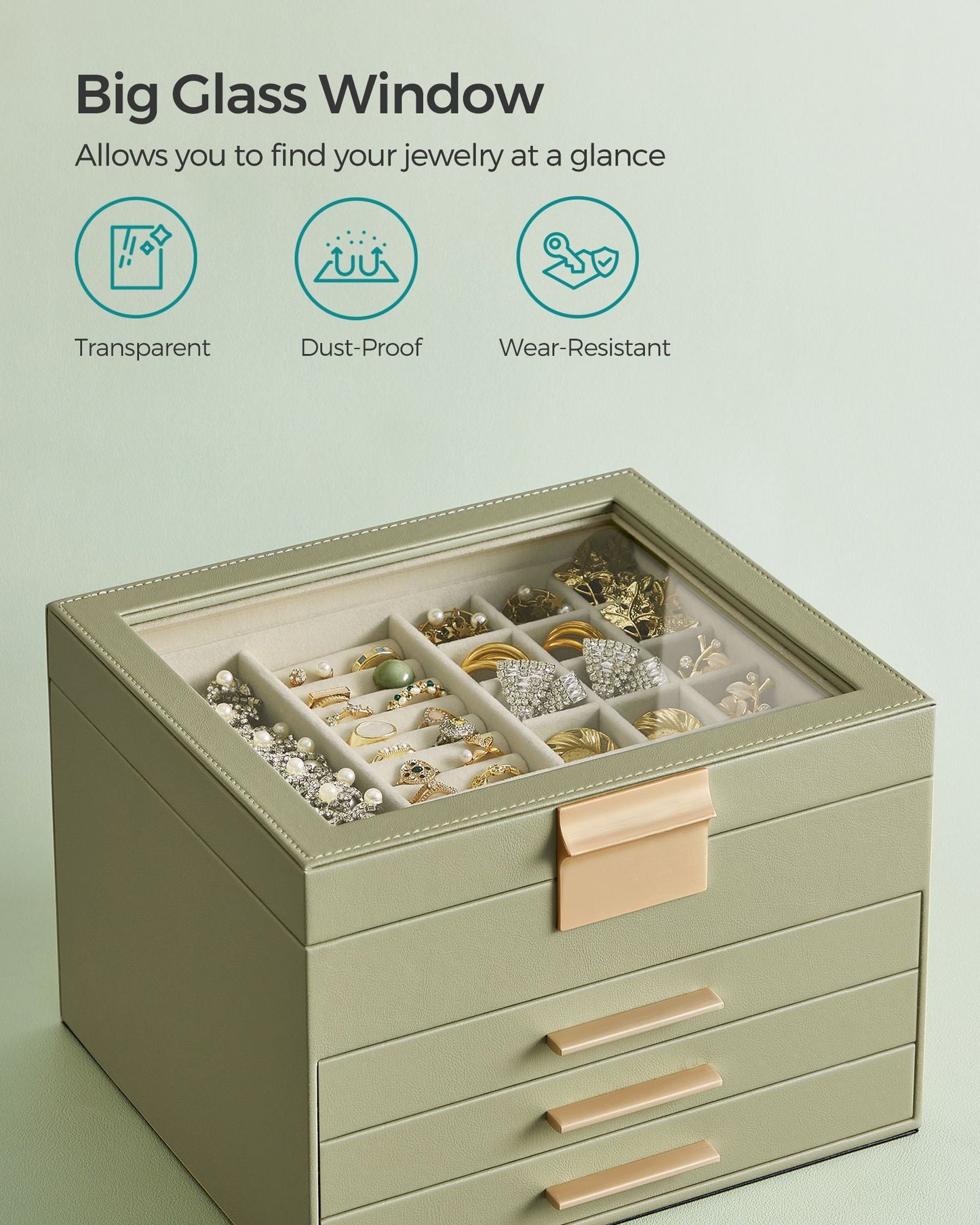 4-Layer Jewelry Box with Glass Lid, 3 Drawers