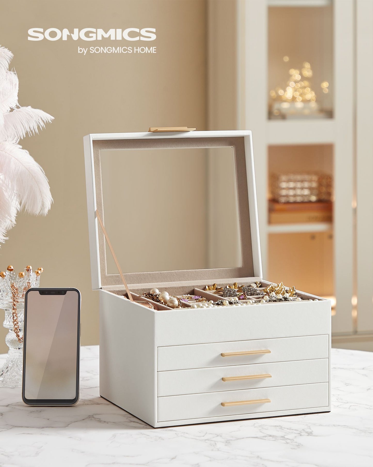 4-Layer Jewelry Box with Glass Lid, 3 Drawers