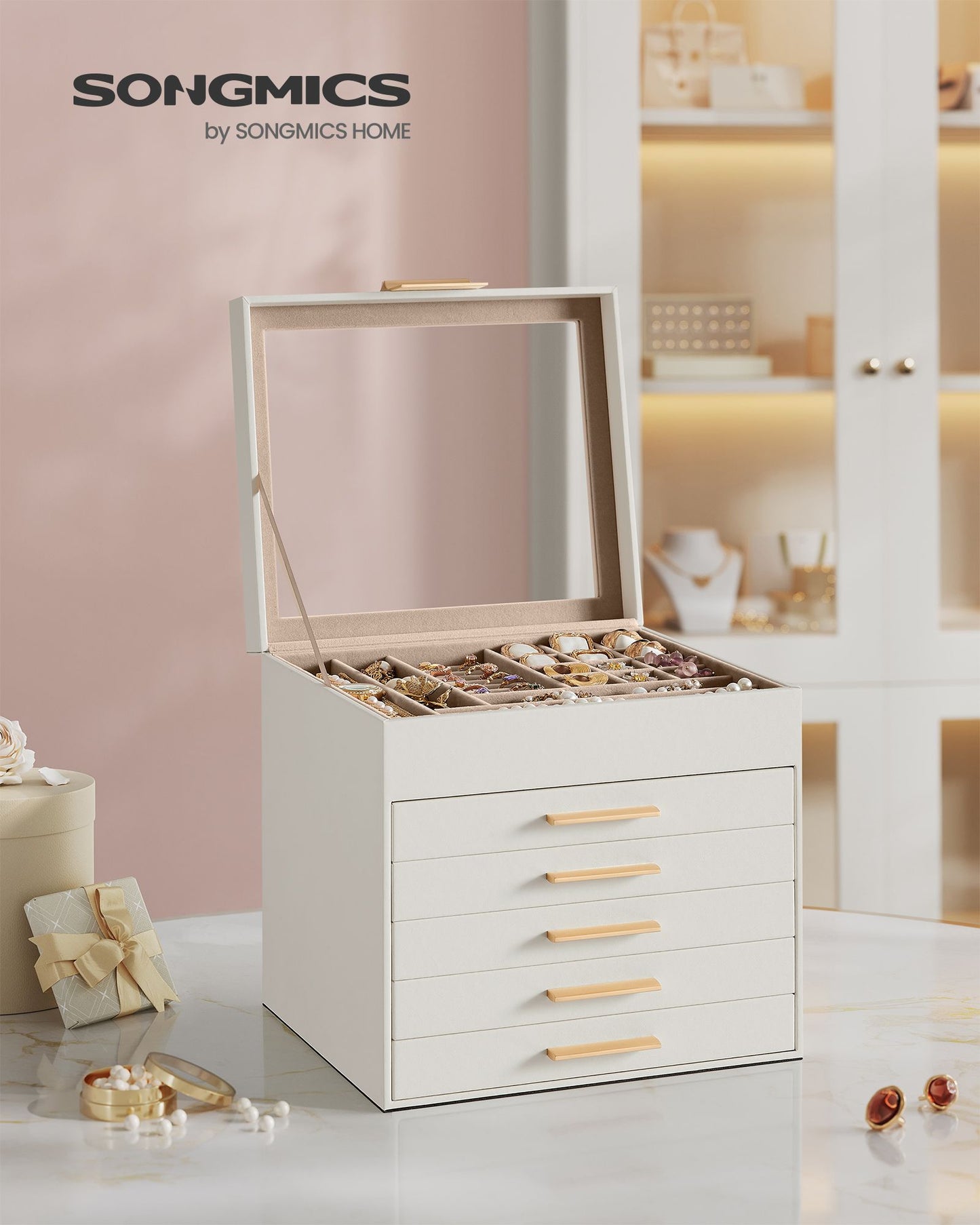 6-Layer Jewelry Box with Glass Lid, 5 Drawers