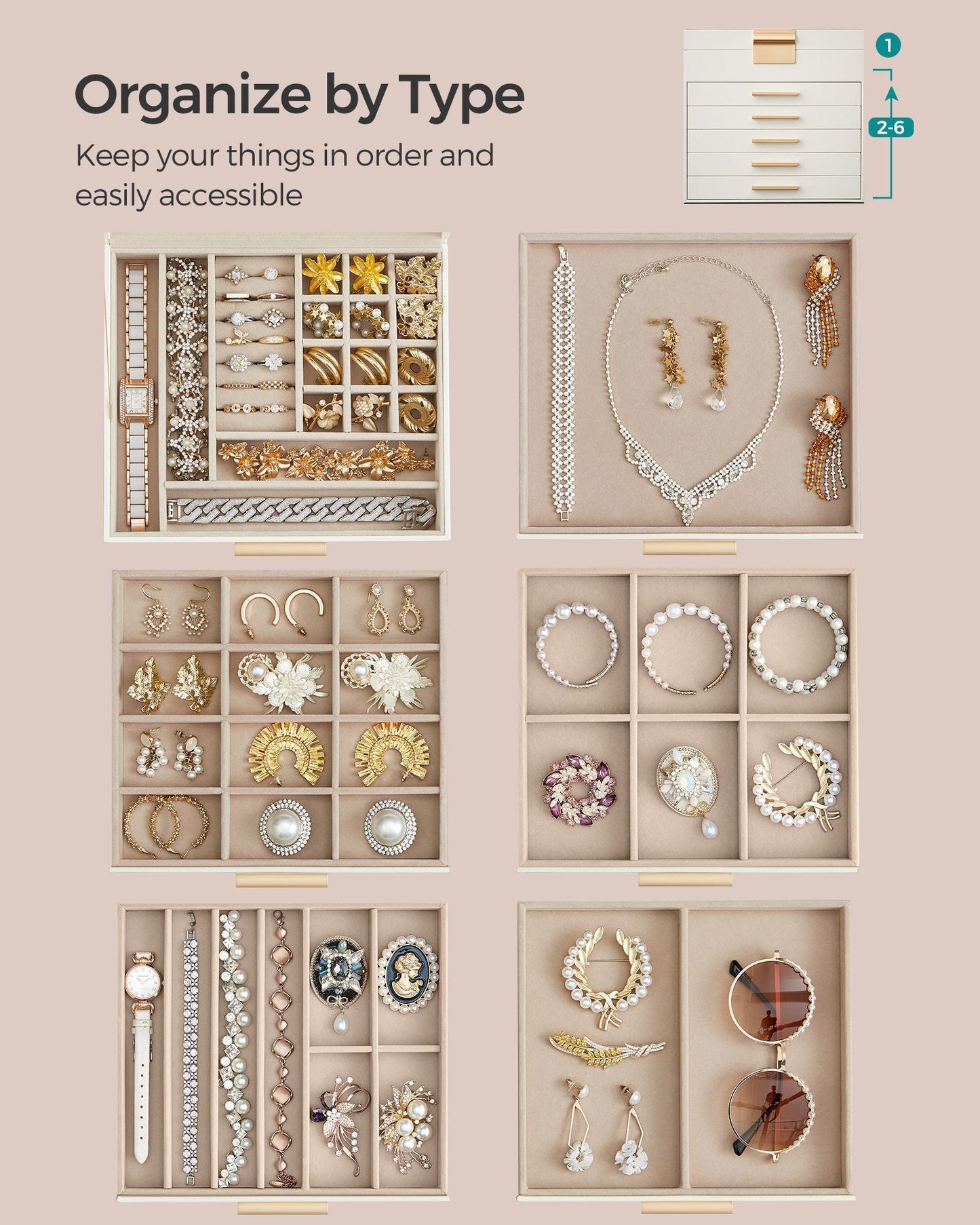 6-Layer Jewelry Box with Glass Lid, 5 Drawers