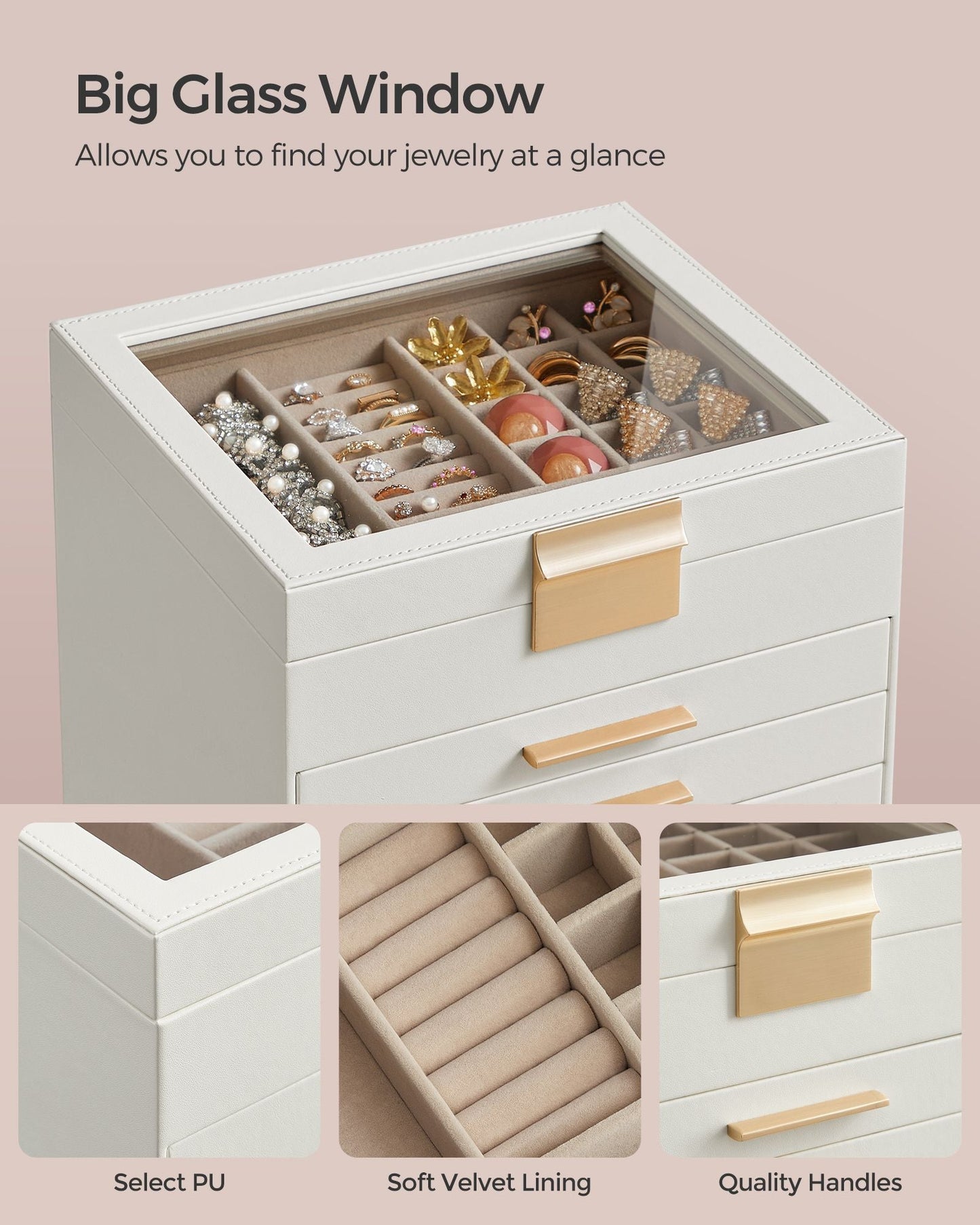 6-Layer Jewelry Box with Glass Lid, 5 Drawers