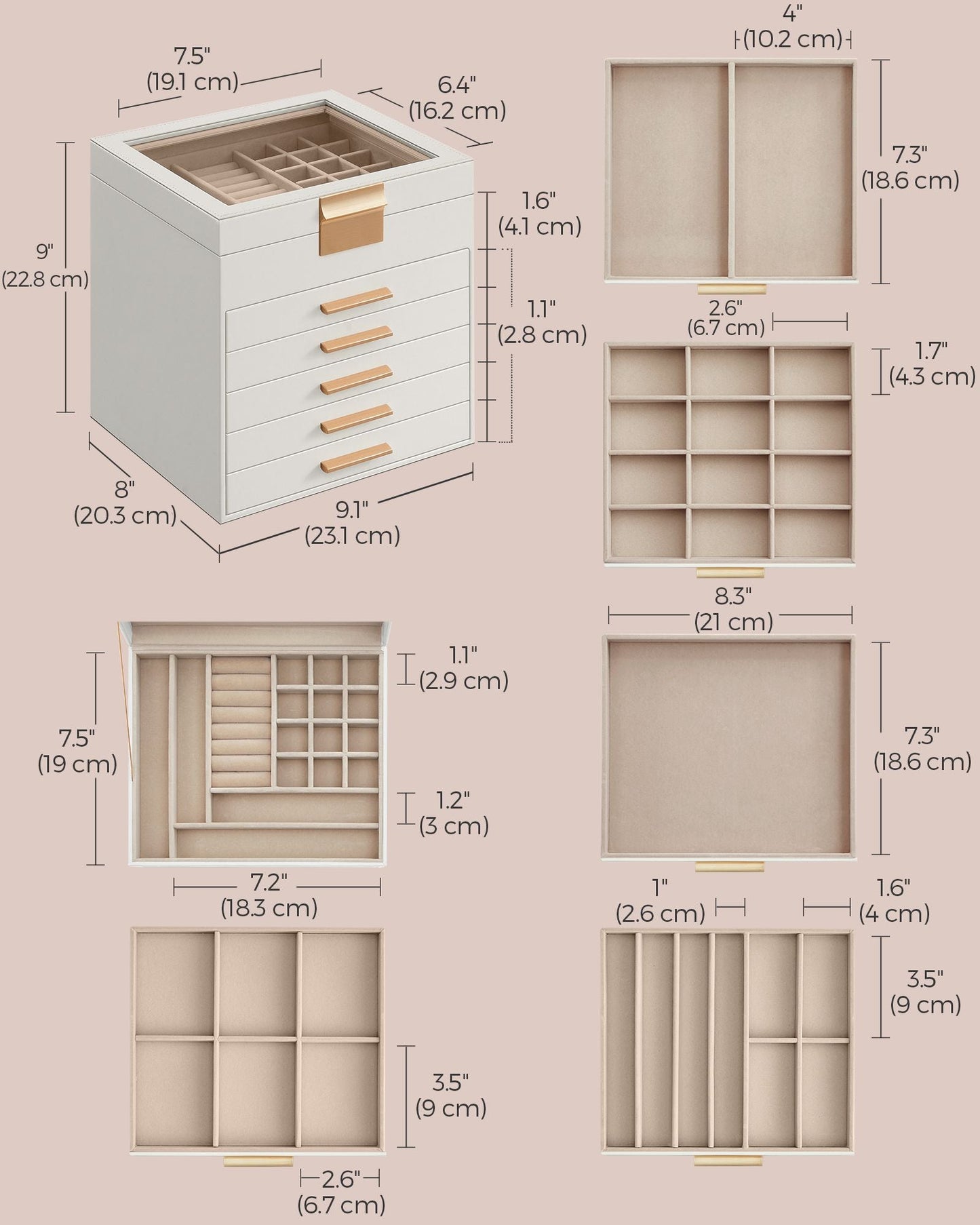 6-Layer Jewelry Box with Glass Lid, 5 Drawers