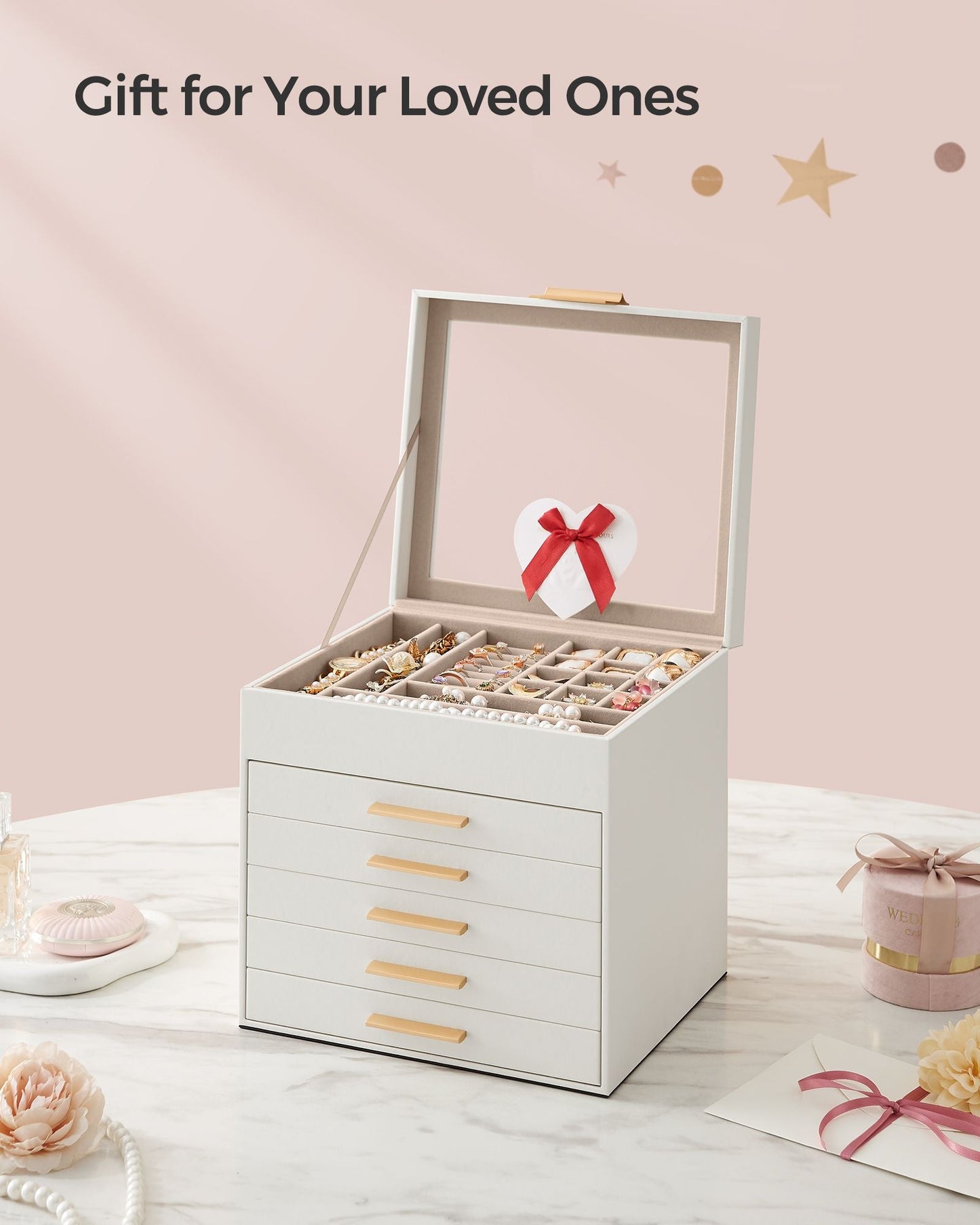6-Layer Jewelry Box with Glass Lid, 5 Drawers