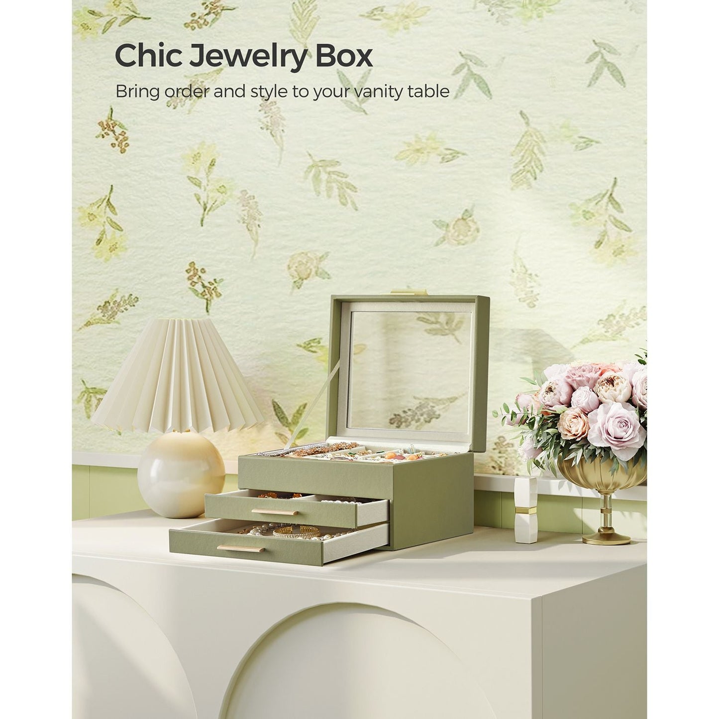3-Layer Jewelry Box with Glass Lid, 2 Drawers