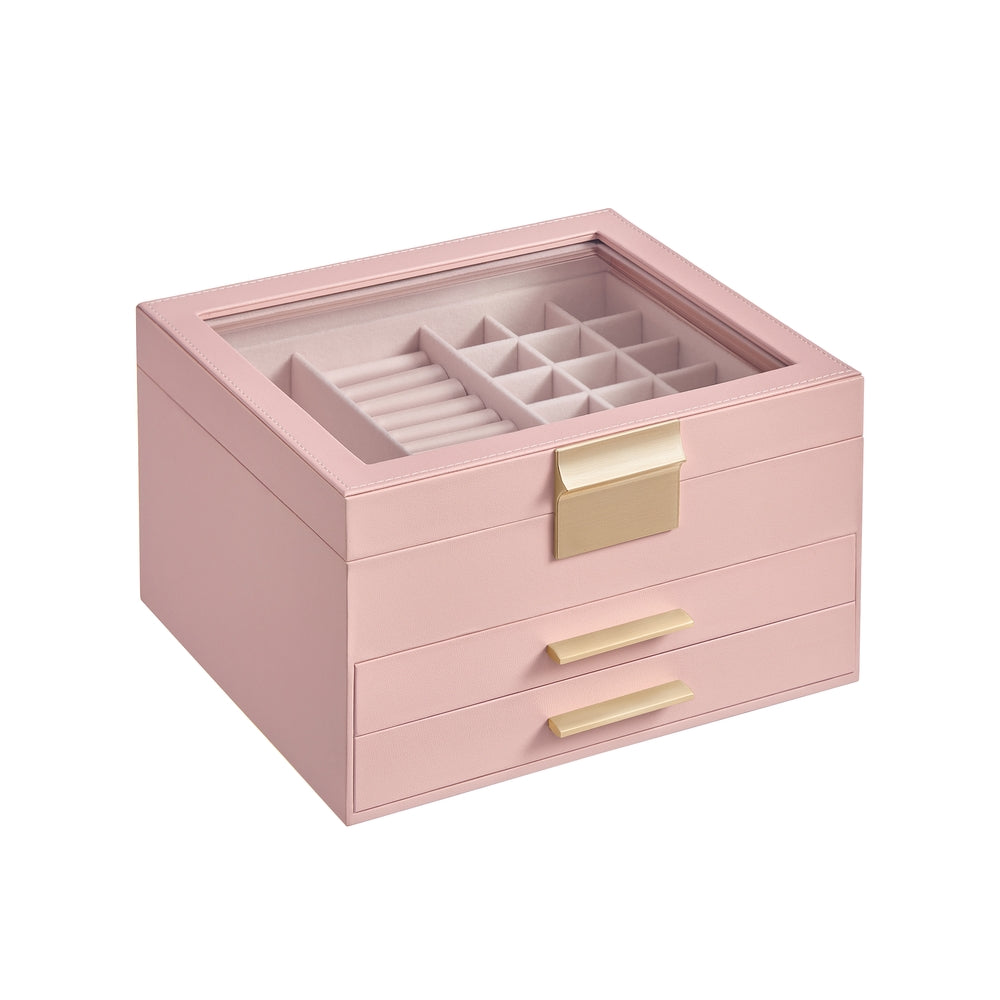 3-Layer Jewelry Box with Glass Lid, 2 Drawers
