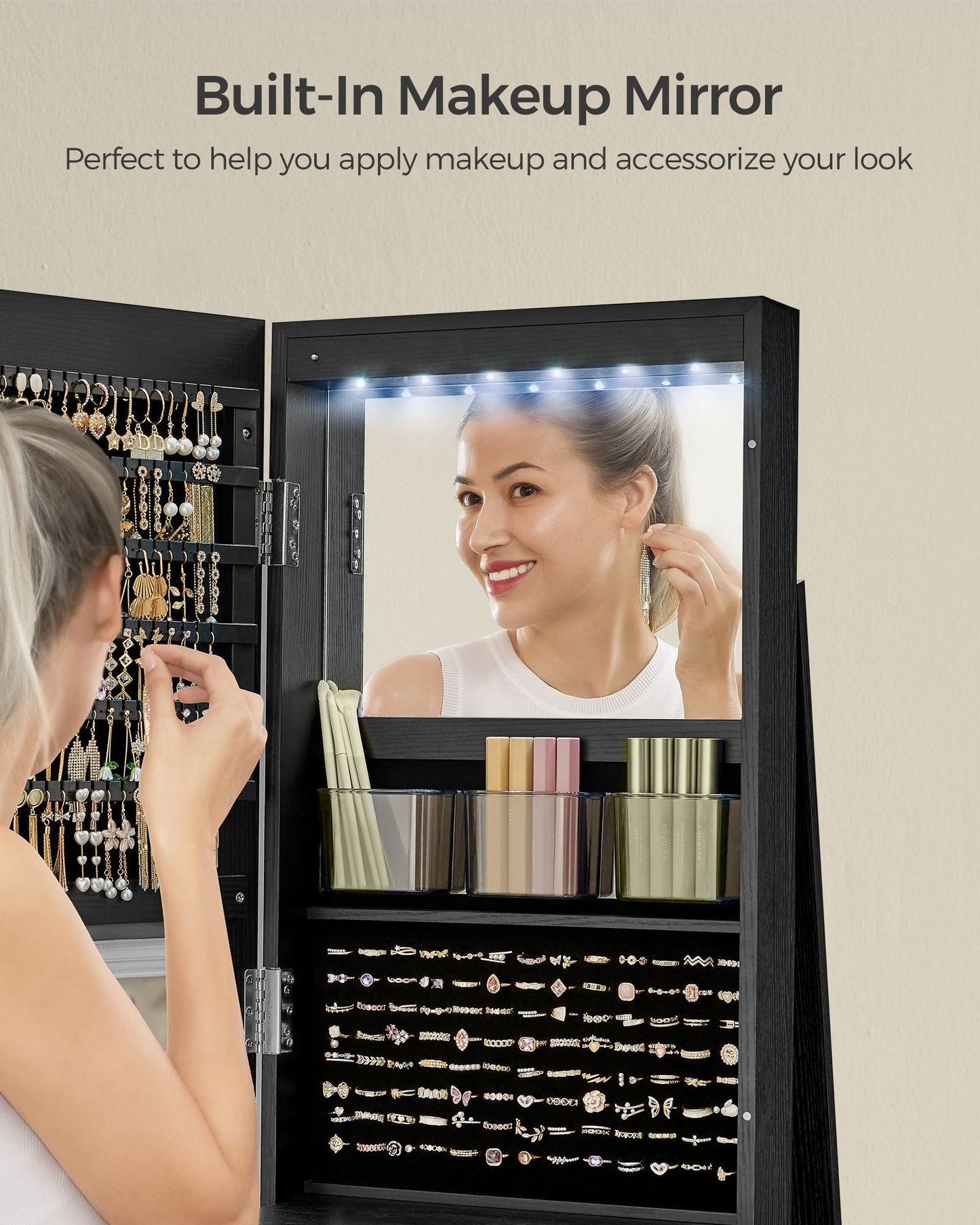 6 LEDs Lockable Mirror Jewelry Cabinet