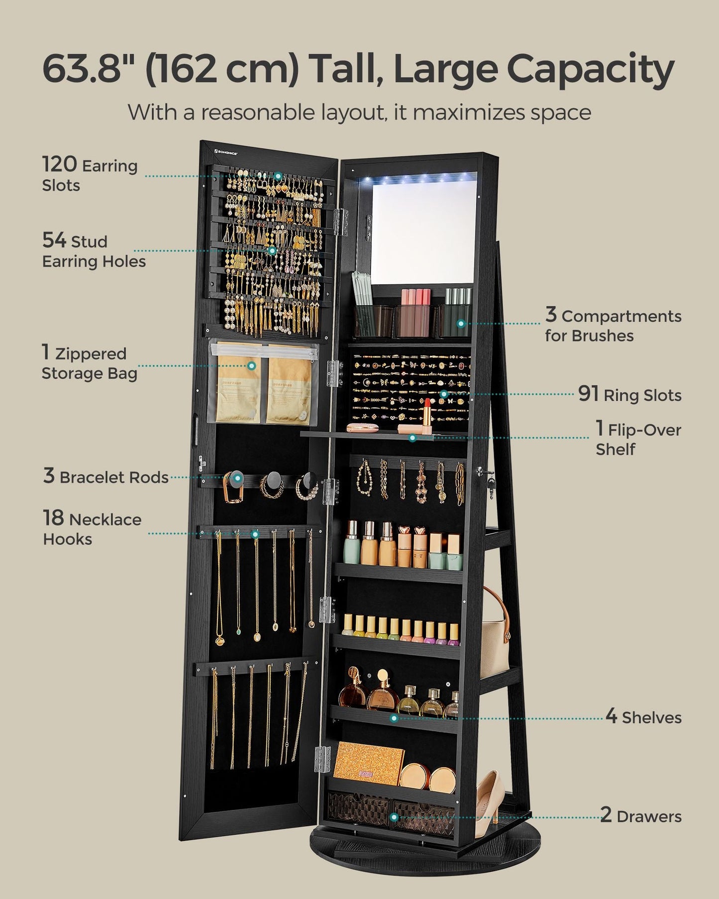 6 LEDs Lockable Mirror Jewelry Cabinet