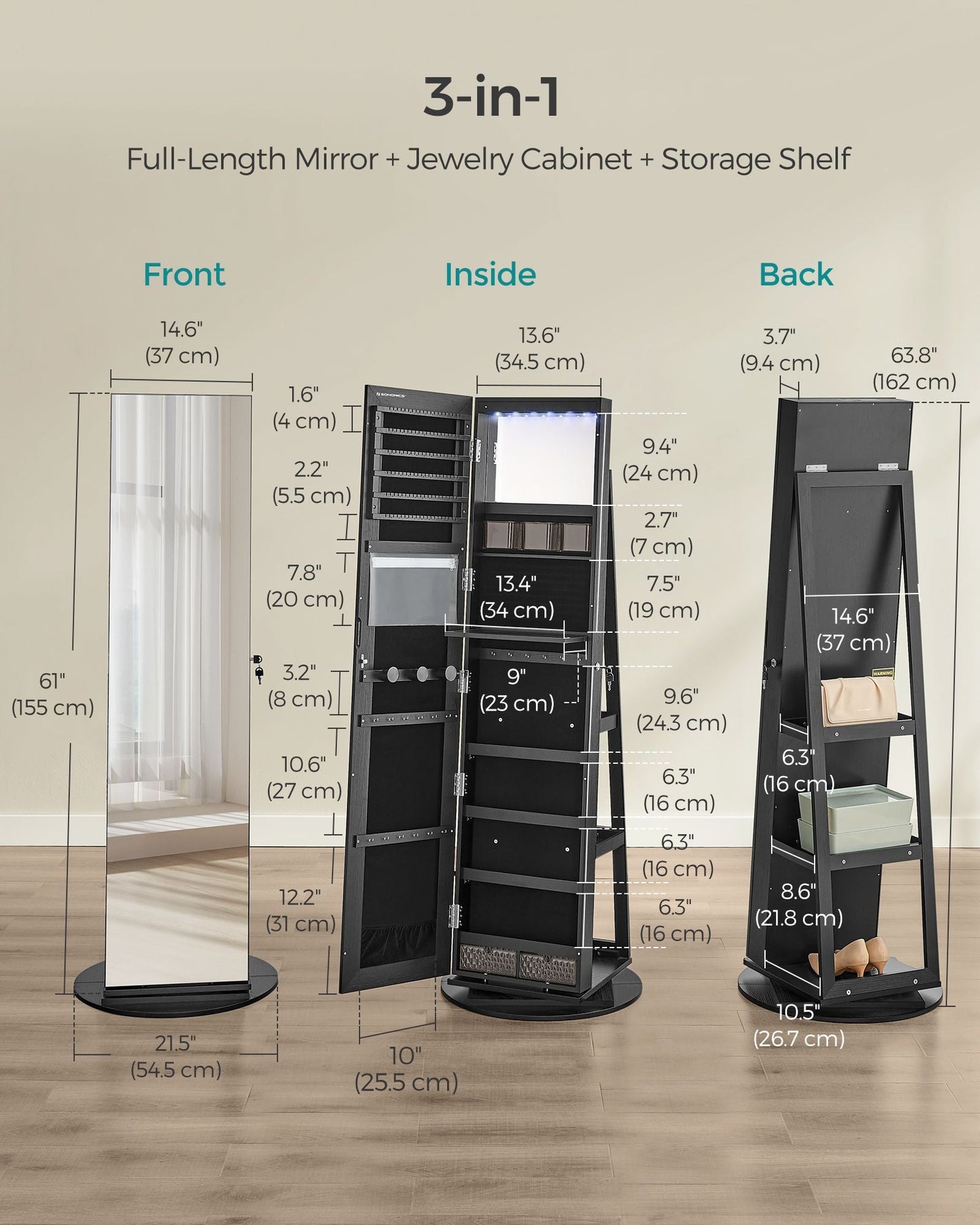 6 LEDs Lockable Mirror Jewelry Cabinet