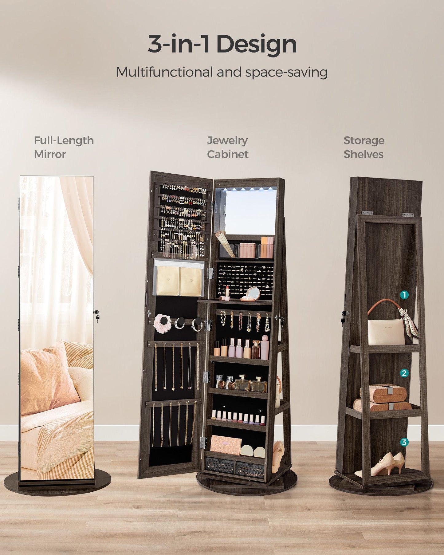 6 LEDs Lockable Mirror Jewelry Cabinet