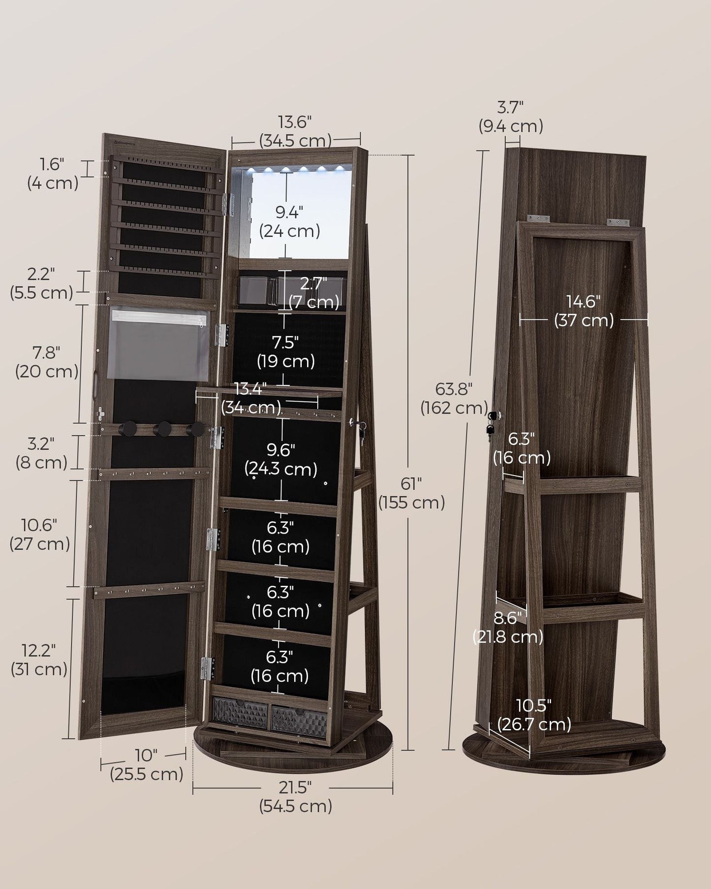 6 LEDs Lockable Mirror Jewelry Cabinet