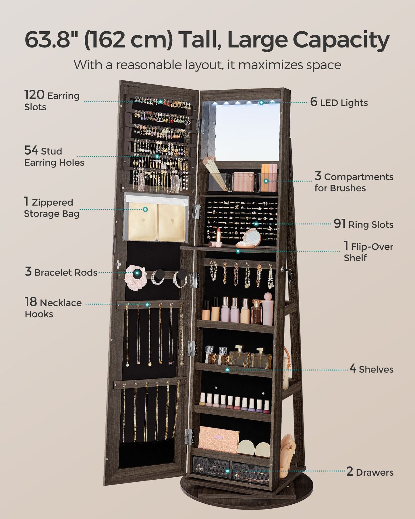 6 LEDs Lockable Mirror Jewelry Cabinet