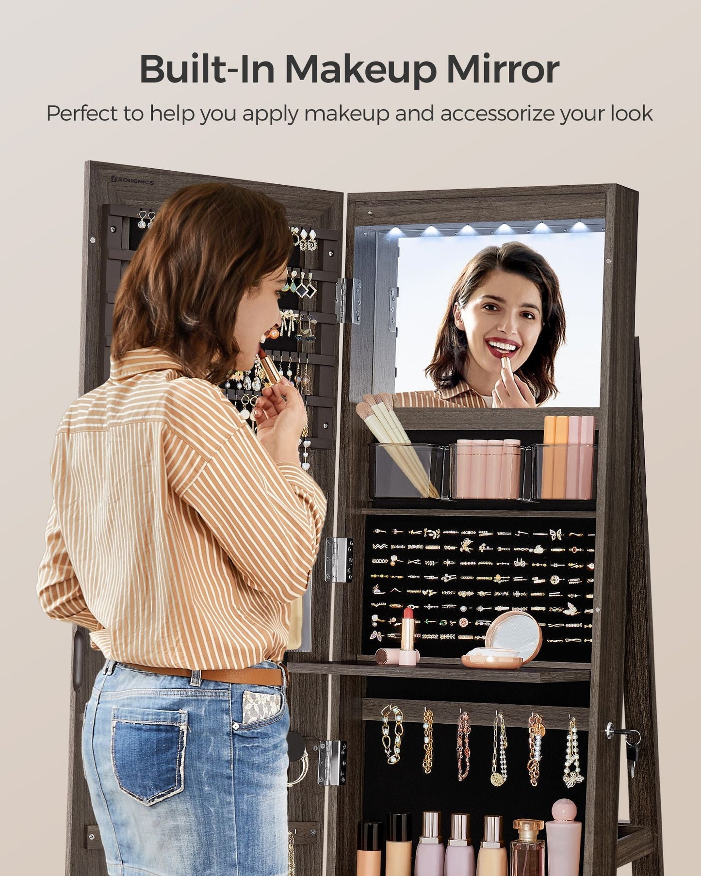6 LEDs Lockable Mirror Jewelry Cabinet