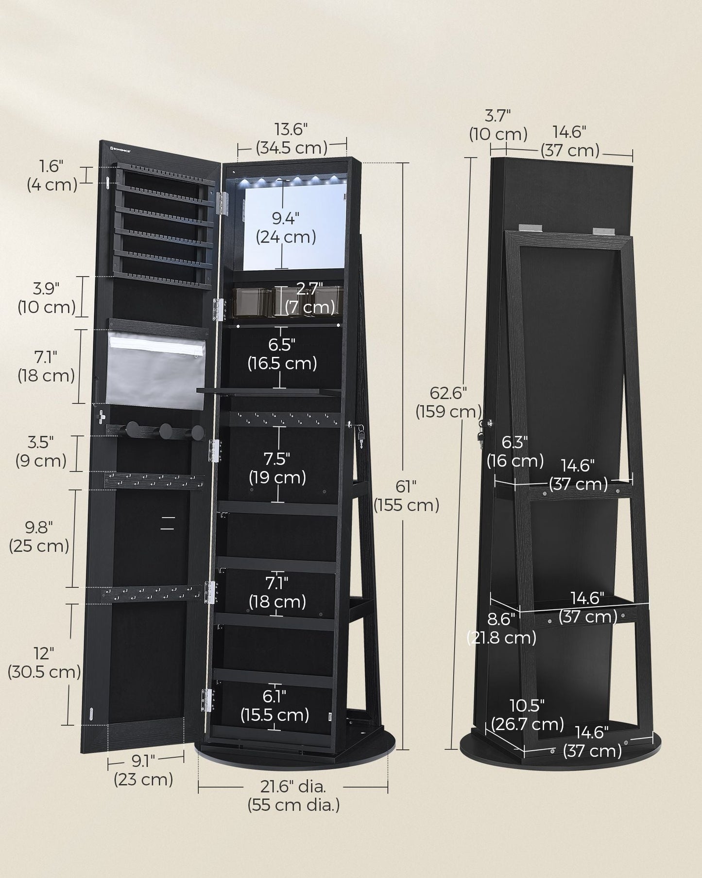 LED Mirror Jewelry Cabinet Standing