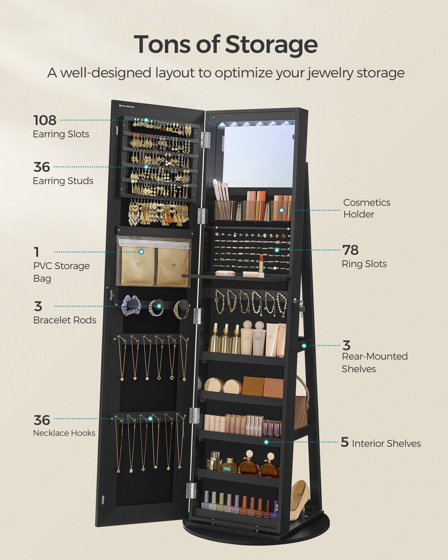 LED Mirror Jewelry Cabinet Standing