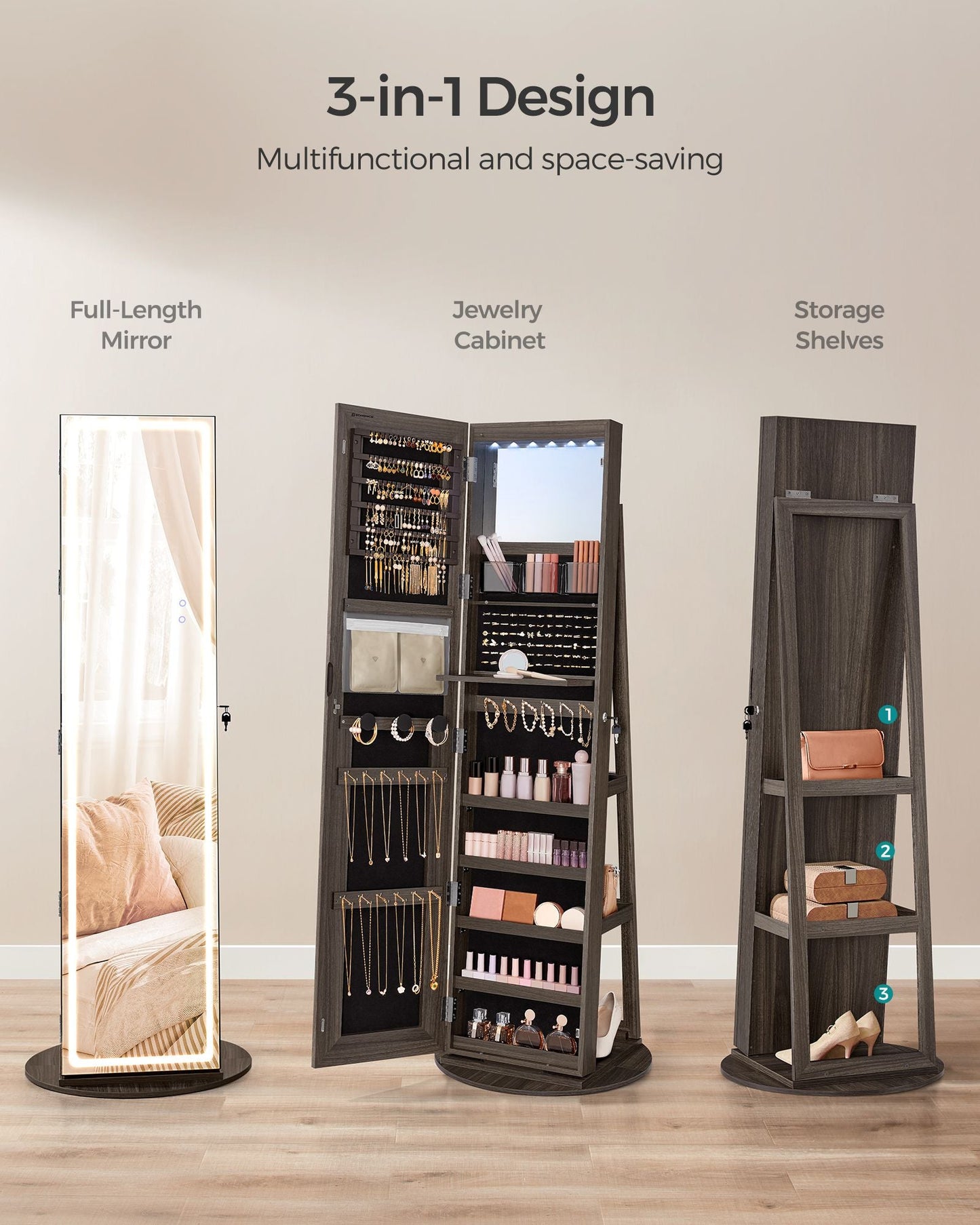 LED Mirror Jewelry Cabinet Standing