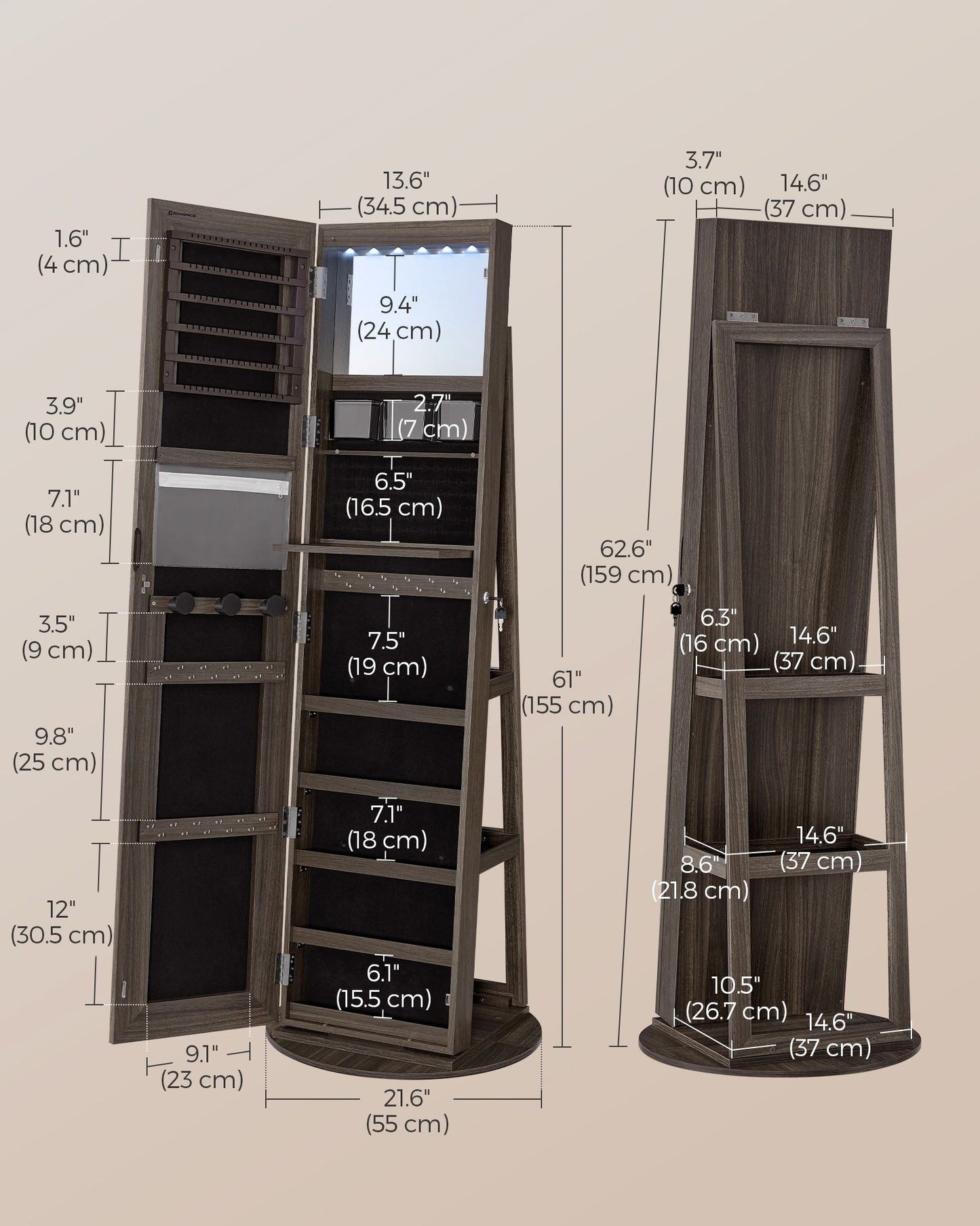 LED Mirror Jewelry Cabinet Standing