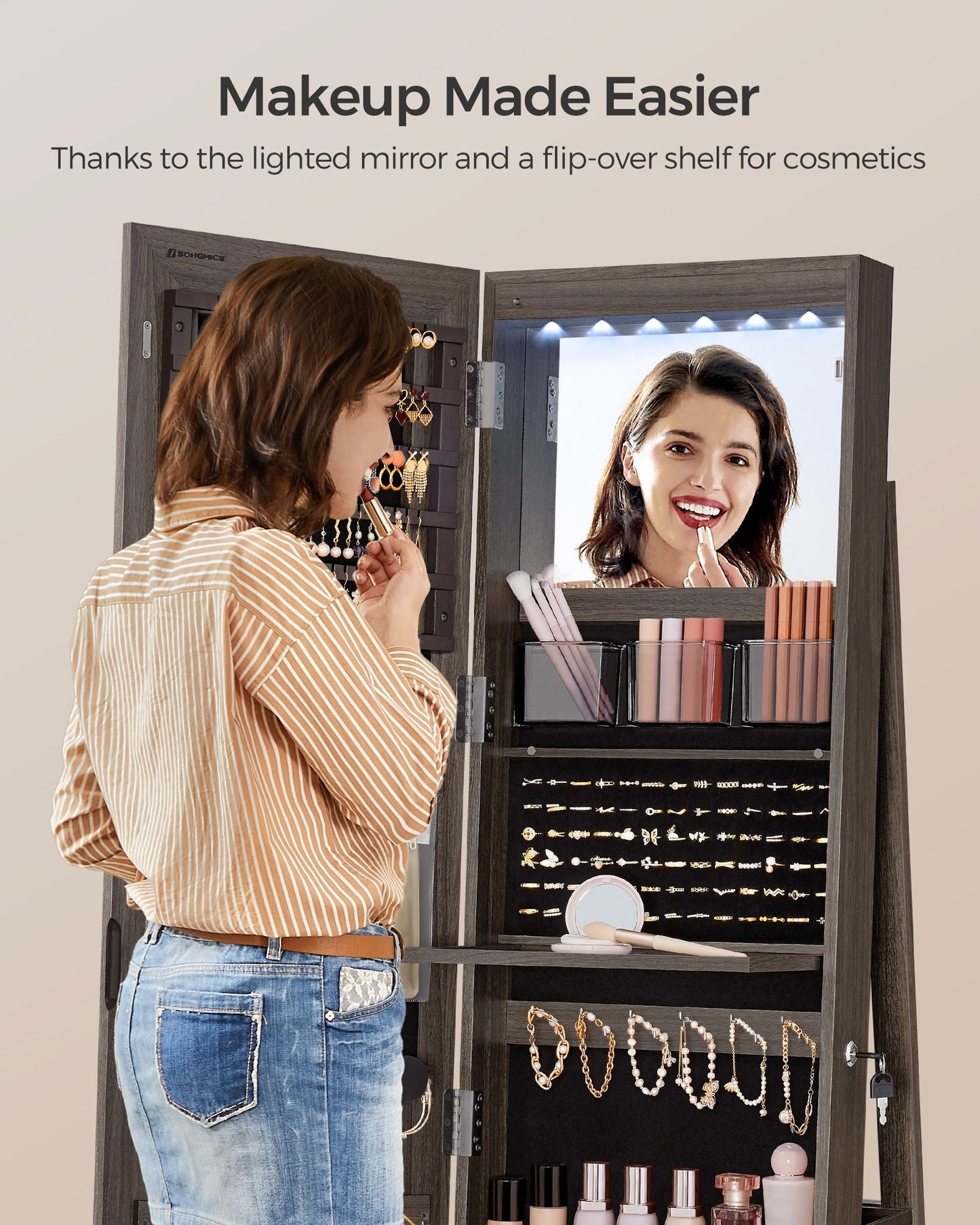 LED Mirror Jewelry Cabinet Standing