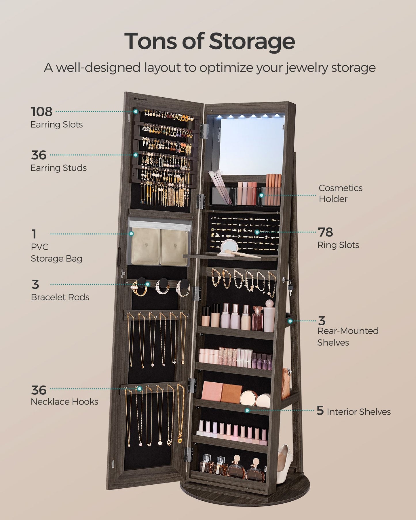 LED Mirror Jewelry Cabinet Standing