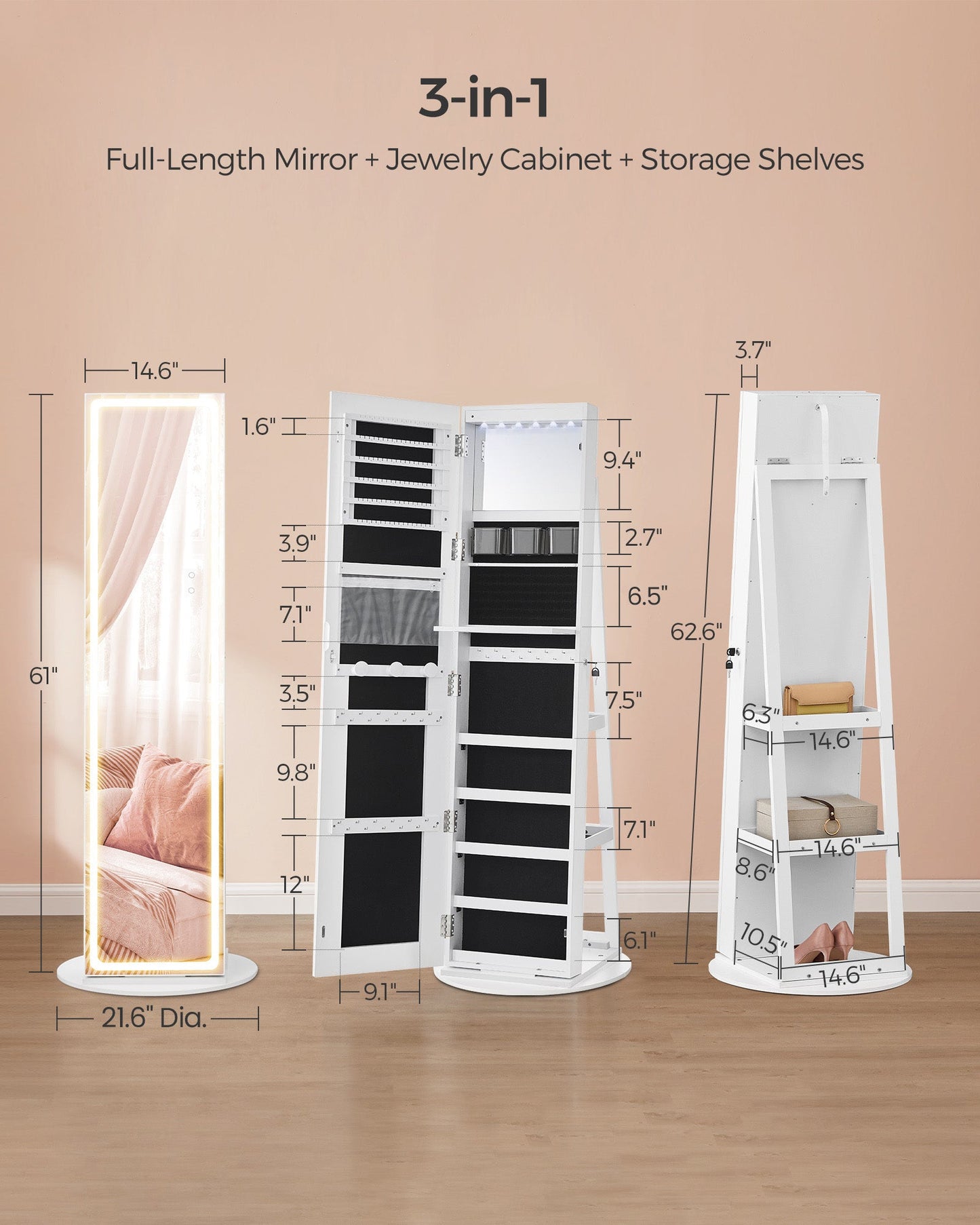 LED Mirror Jewelry Cabinet Standing